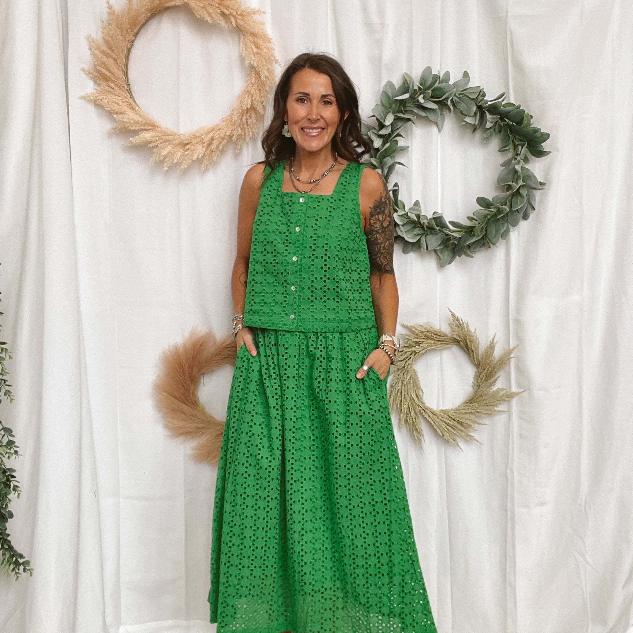 Eyelet Skirt-Green-Skirts-entro-The Silo Boutique, Women's Fashion Boutique Located in Warren and Grand Forks North Dakota