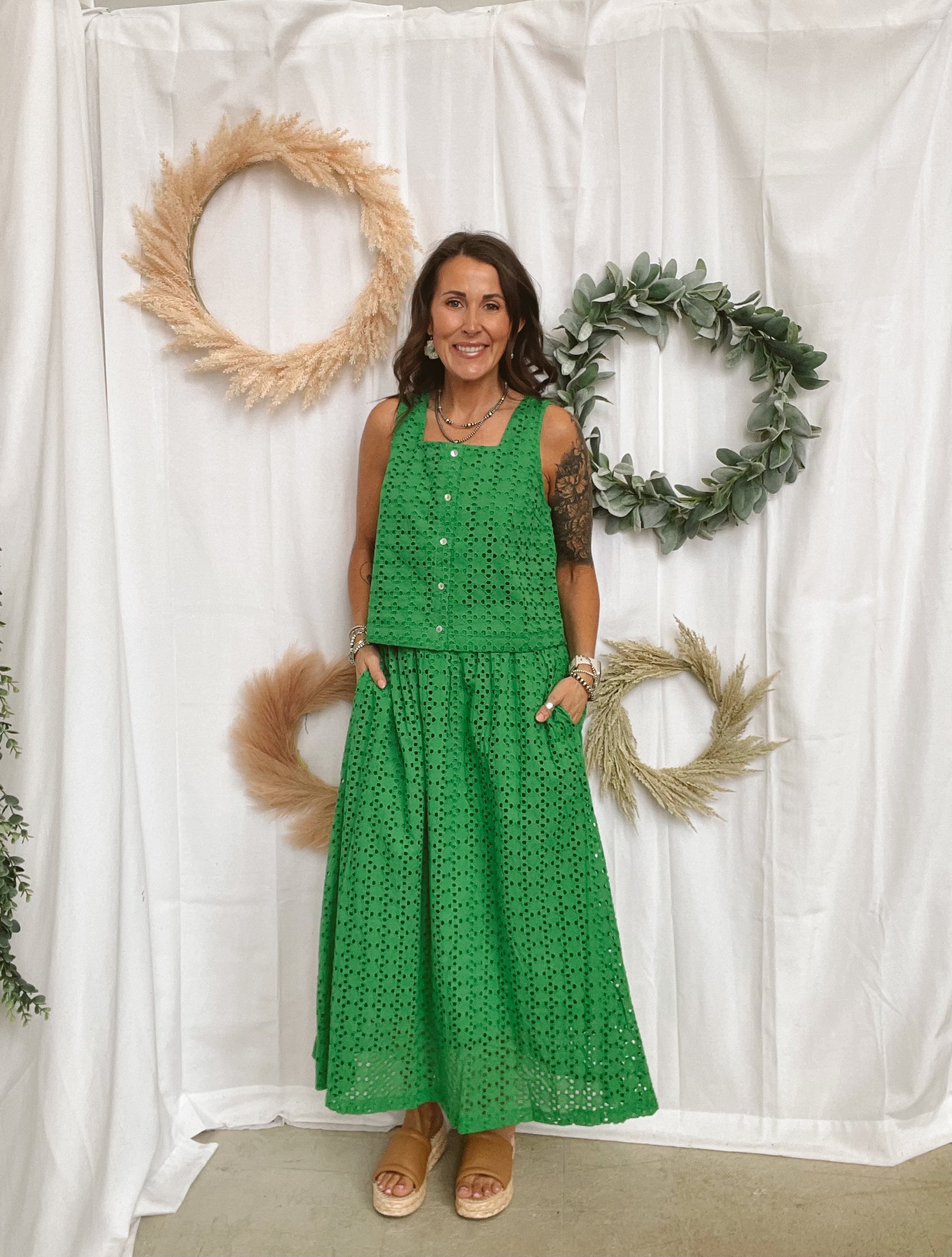 Eyelet Skirt-Green-Skirts-entro-The Silo Boutique, Women's Fashion Boutique Located in Warren and Grand Forks North Dakota
