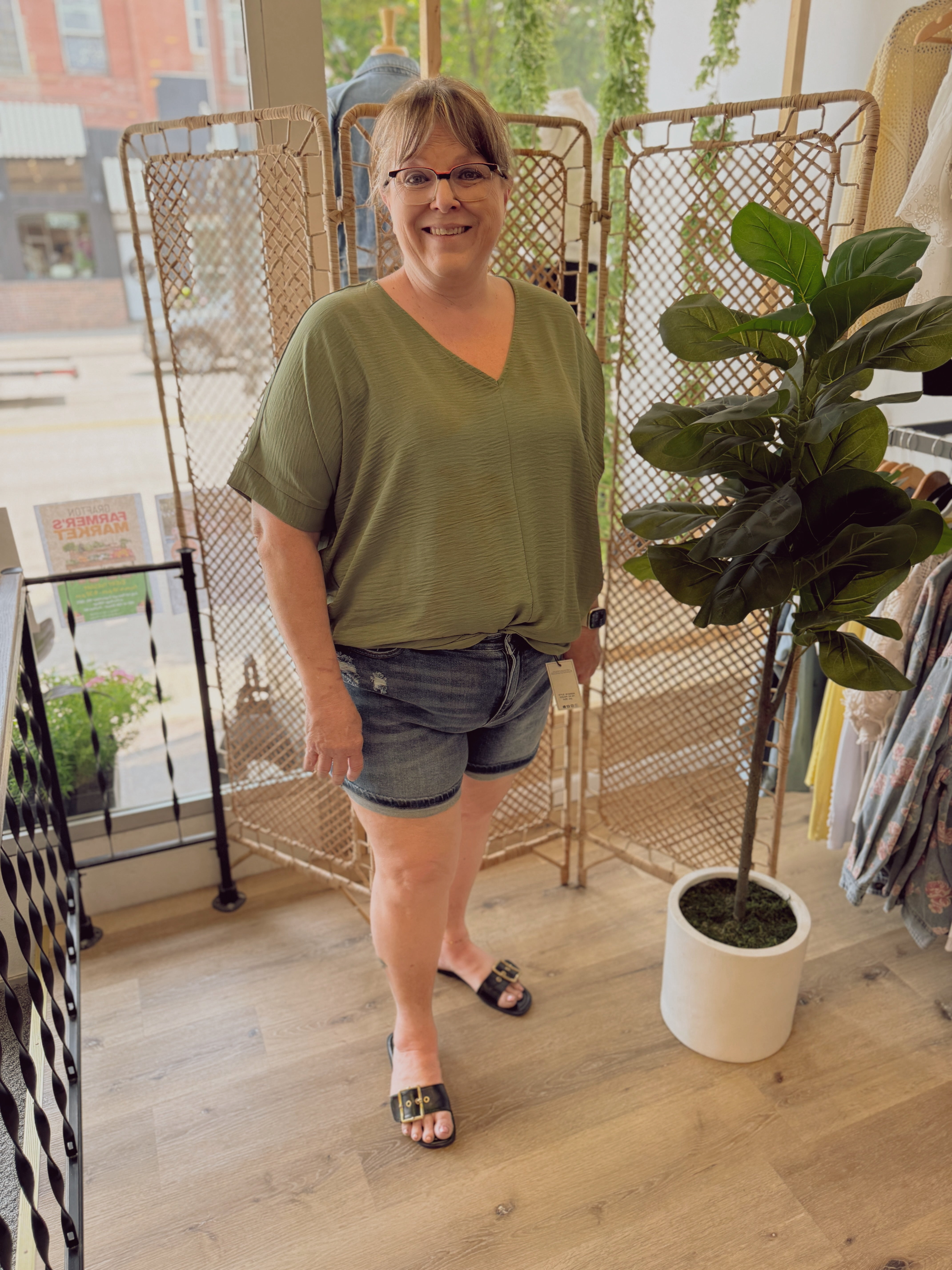 Zen V Neck Seam Top-Olive-Short Sleeve Tops-Zenana-The Silo Boutique, Women's Fashion Boutique Located in Warren and Grand Forks North Dakota