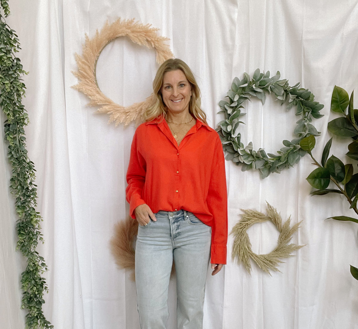 Elan Red Collared Shirt-Long Sleeve Tops-elan-The Silo Boutique, Women's Fashion Boutique Located in Warren and Grand Forks North Dakota