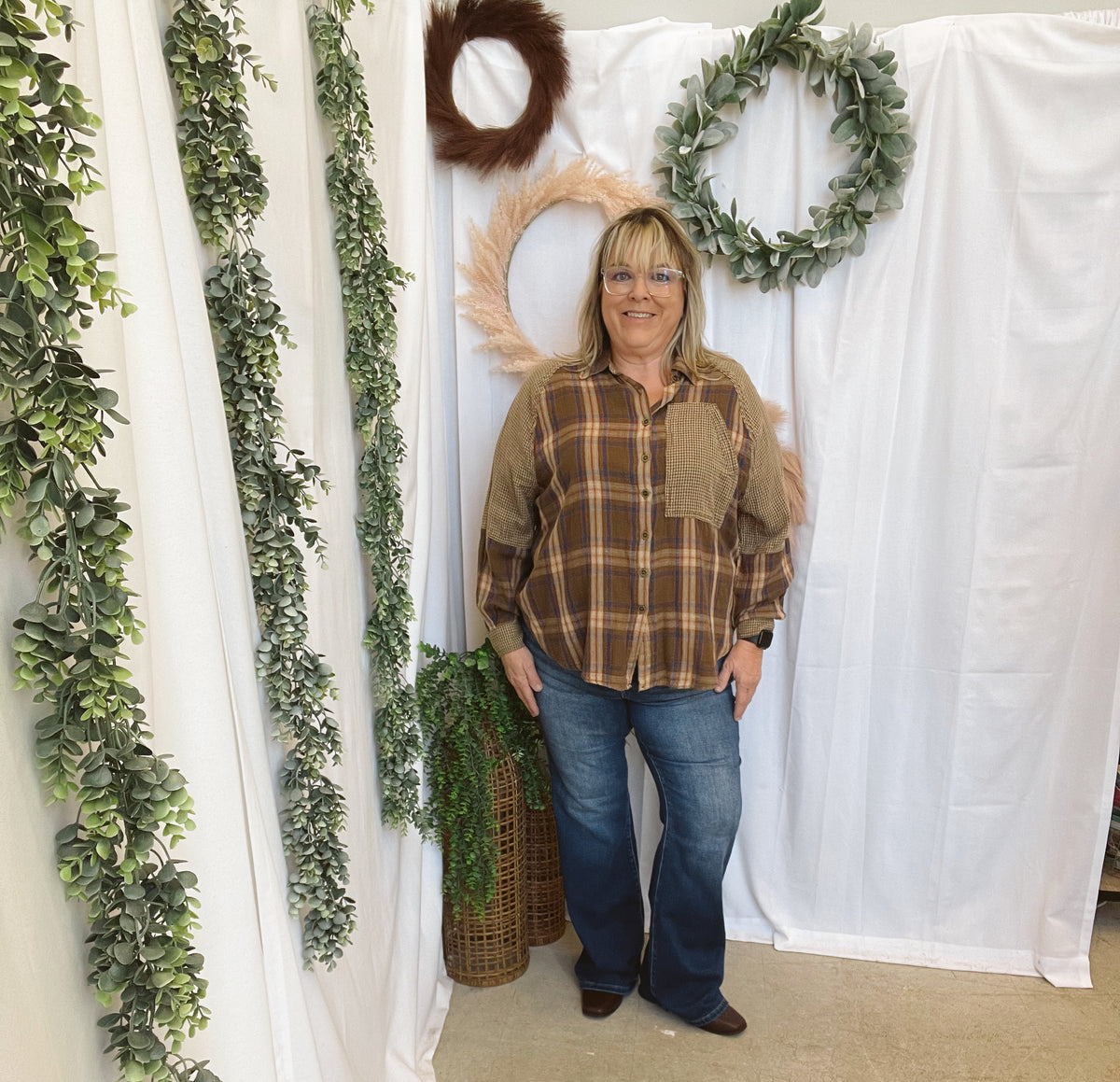 Dixie Plaid Flannel-Brown-Long Sleeve Tops-Easel-The Silo Boutique, Women's Fashion Boutique Located in Warren and Grand Forks North Dakota