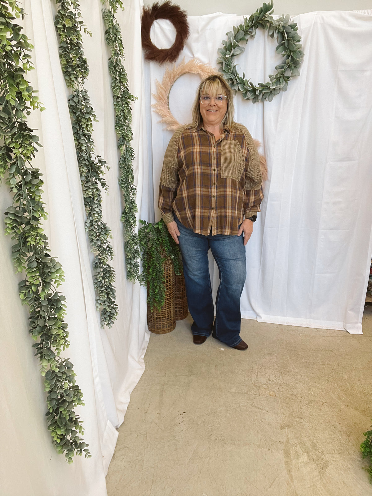 Dixie Plaid Flannel-Brown-Long Sleeve Tops-Easel-The Silo Boutique, Women's Fashion Boutique Located in Warren and Grand Forks North Dakota