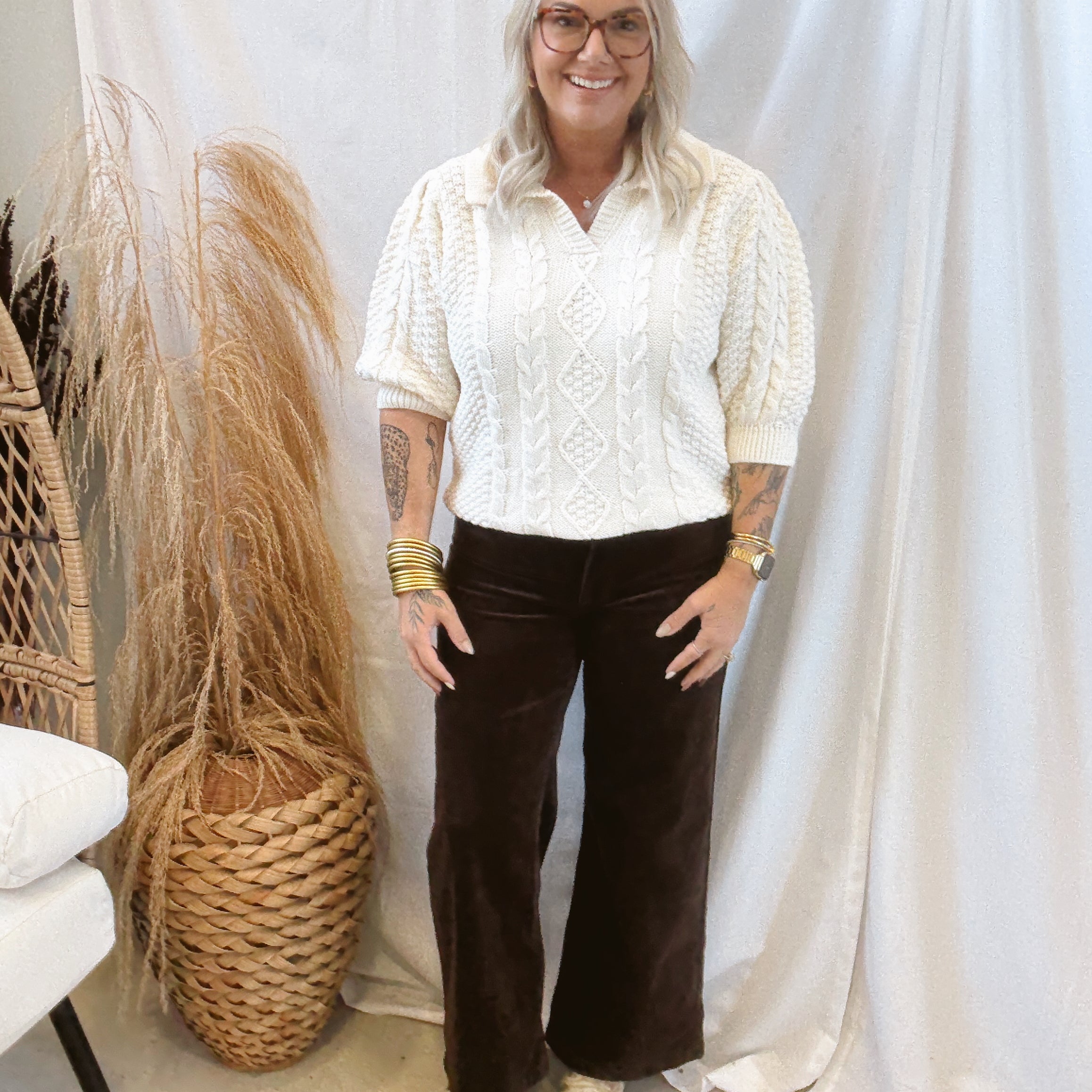 Cable Collared V Neck Sweater-Ivory-Sweaters-oddi-The Silo Boutique, Women's Fashion Boutique Located in Warren and Grand Forks North Dakota