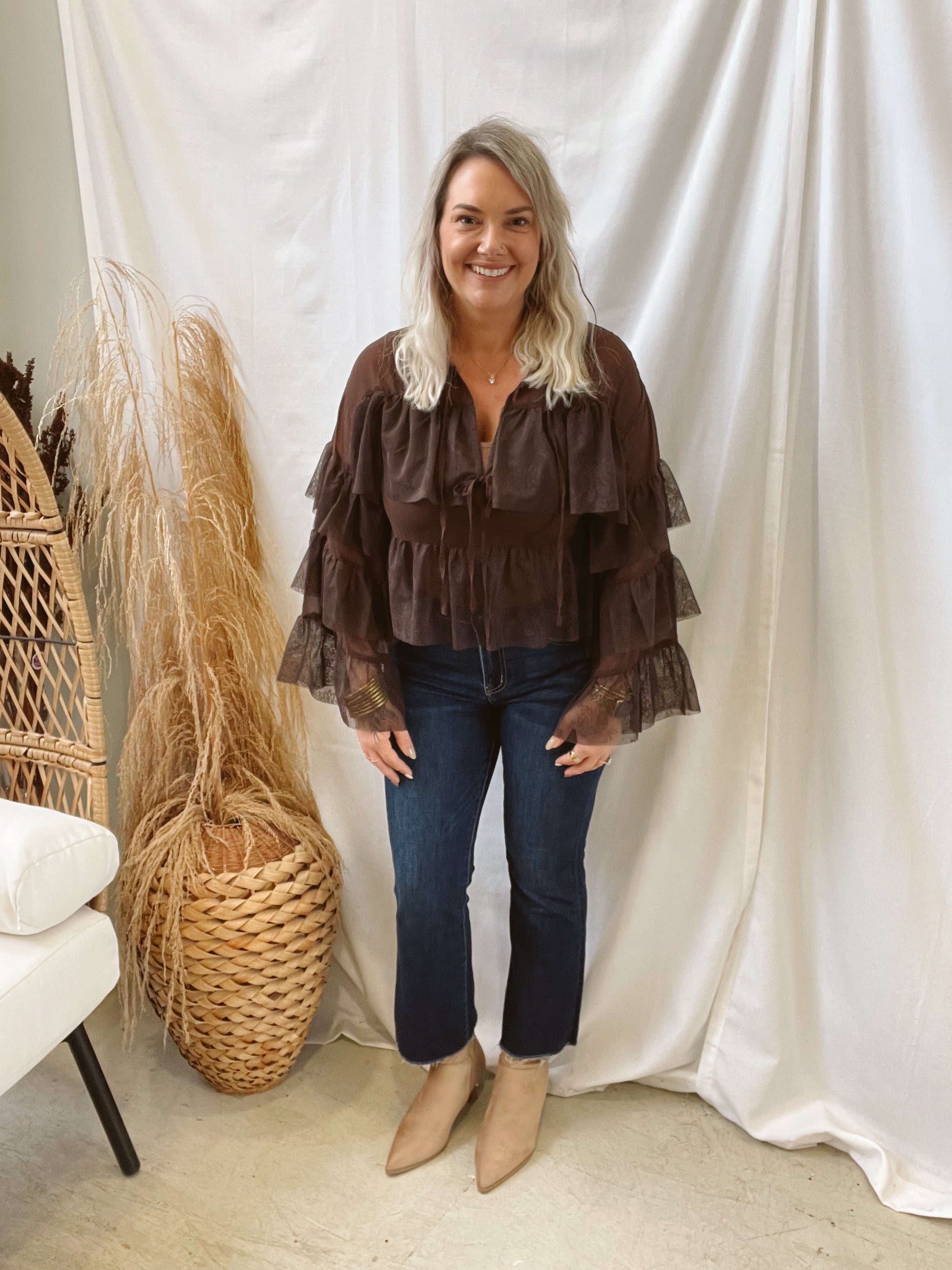 Brown Tie Front Lace Top-Long Sleeve Tops-acoa-The Silo Boutique, Women's Fashion Boutique Located in Warren and Grand Forks North Dakota