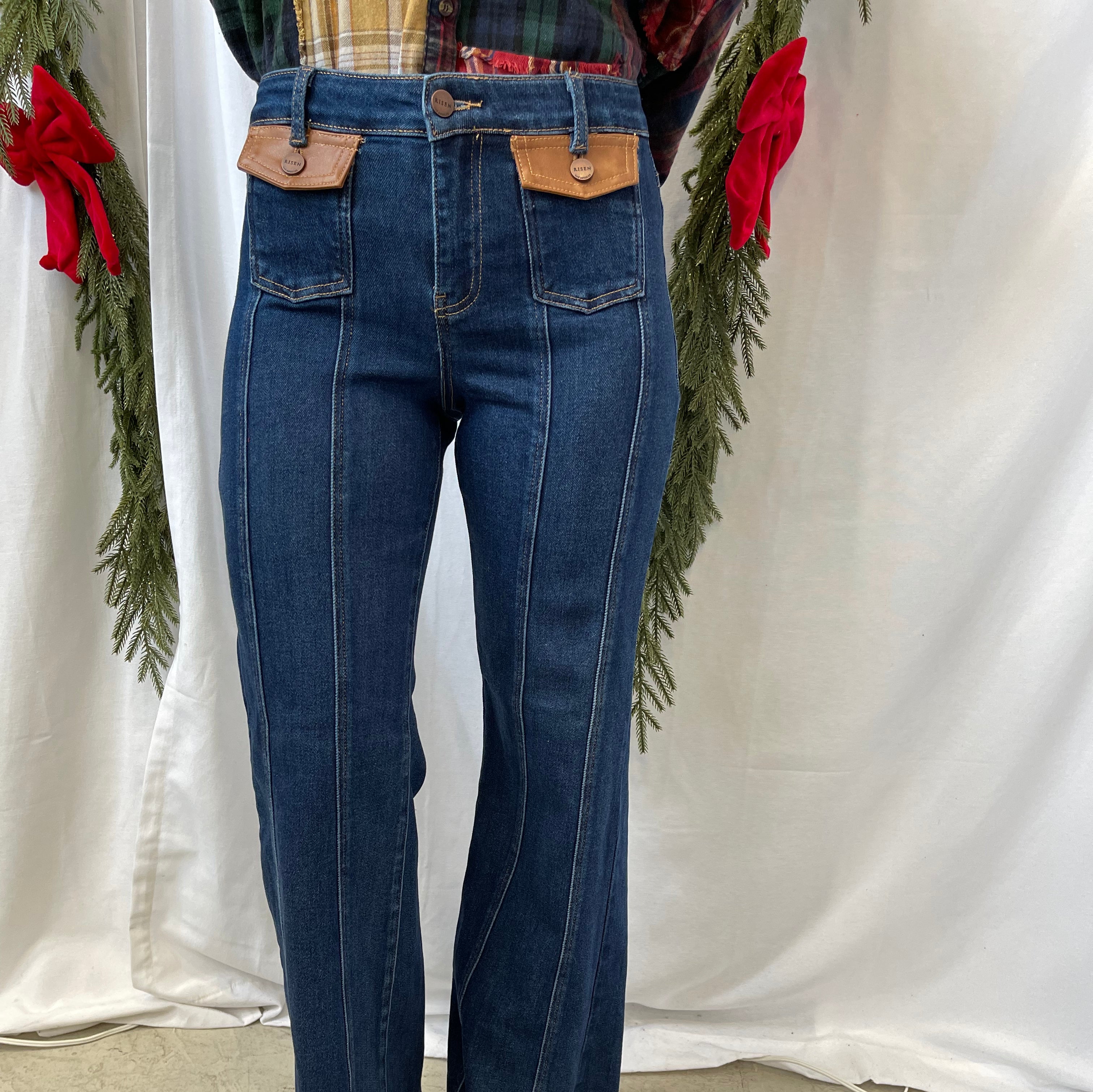 Risen Dark Flare Front Leather Pocket Jeans-Jeans-risen-The Silo Boutique, Women's Fashion Boutique Located in Warren and Grand Forks North Dakota
