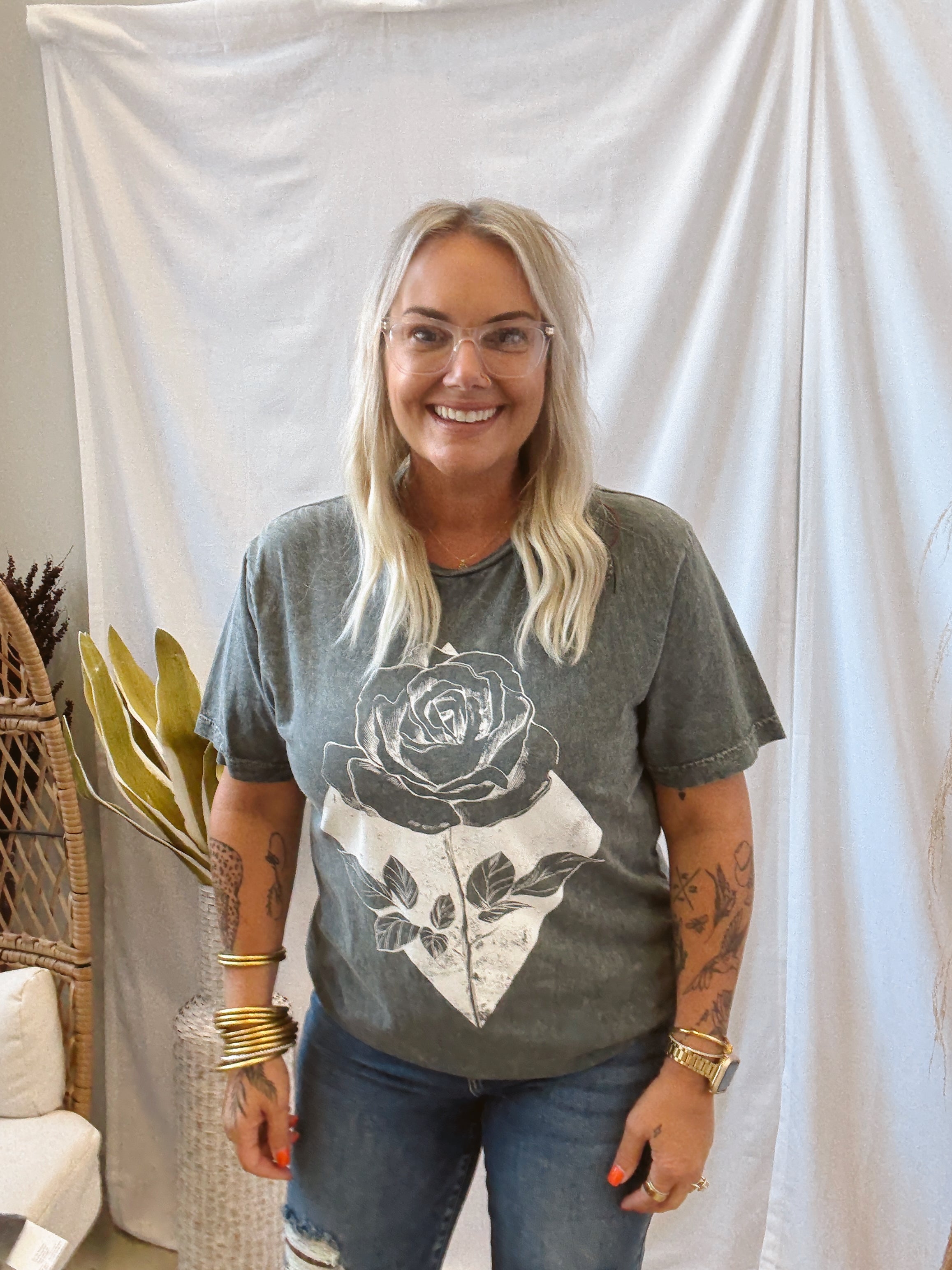 Black Wash Rose Graphic Tee-Graphic Tees-lotus-The Silo Boutique, Women's Fashion Boutique Located in Warren and Grand Forks North Dakota