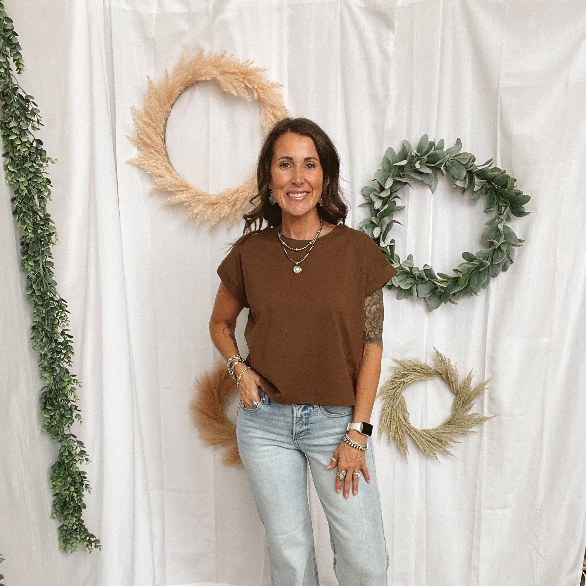 Miou Muse Cuffed Sleeve Top-Brown-Short Sleeve Tops-miou muse-The Silo Boutique, Women's Fashion Boutique Located in Warren and Grand Forks North Dakota