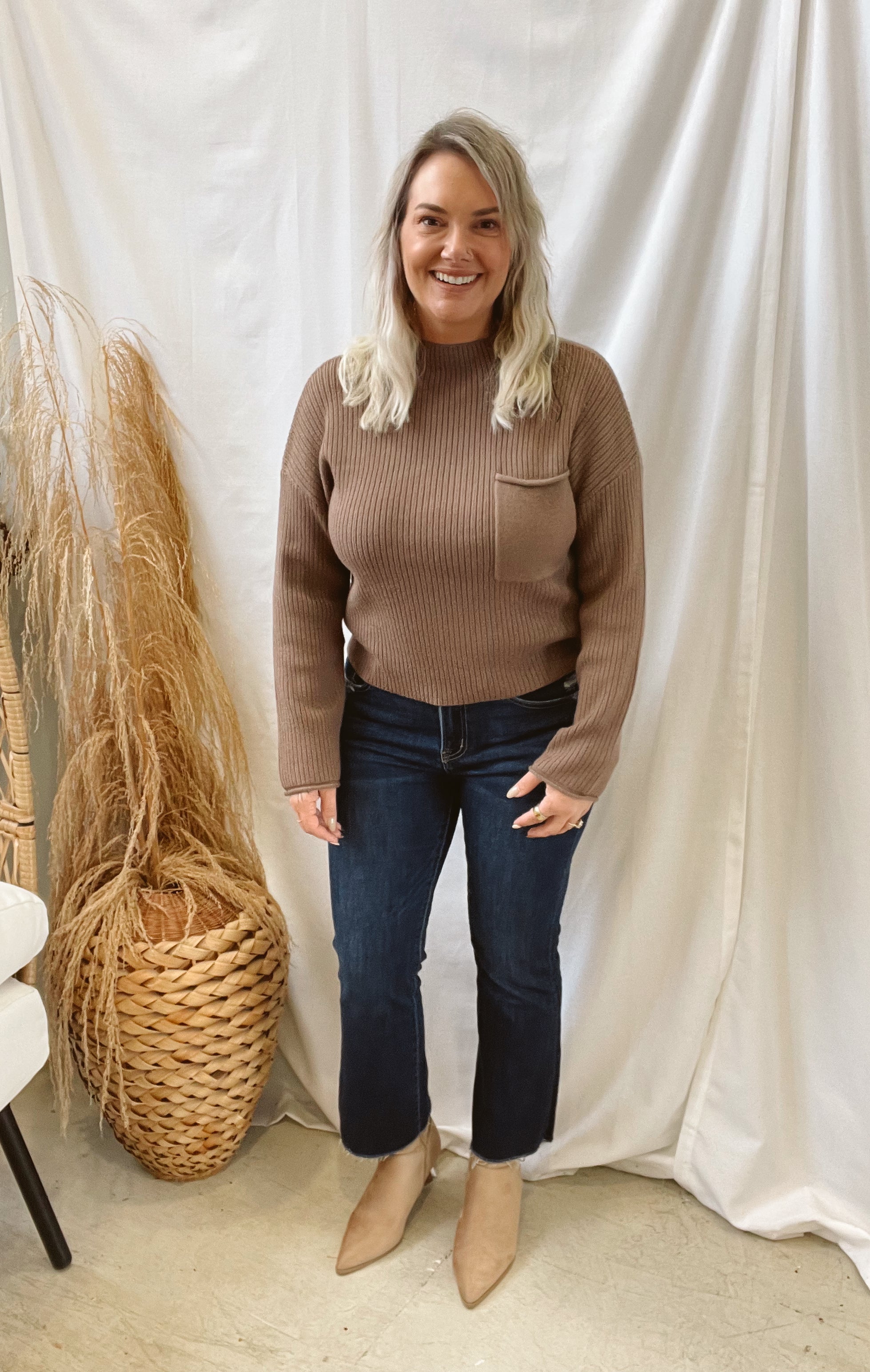 Pocket Detail Sweater-Mocha-Sweaters-blu pepper-The Silo Boutique, Women's Fashion Boutique Located in Warren and Grand Forks North Dakota