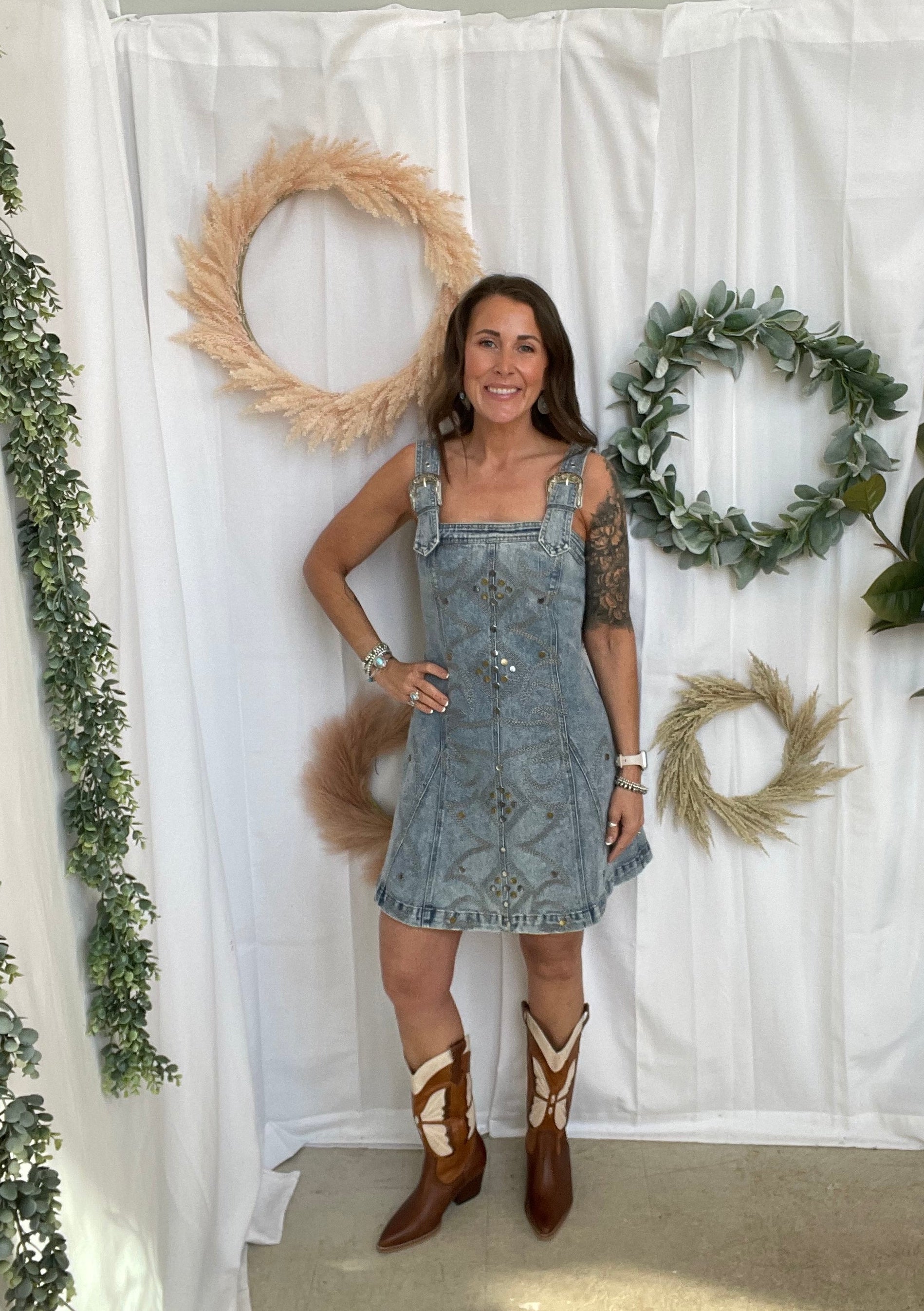 Blue Denim Studded Buckle Dress-Dresses-blue B-The Silo Boutique, Women's Fashion Boutique Located in Warren and Grand Forks North Dakota