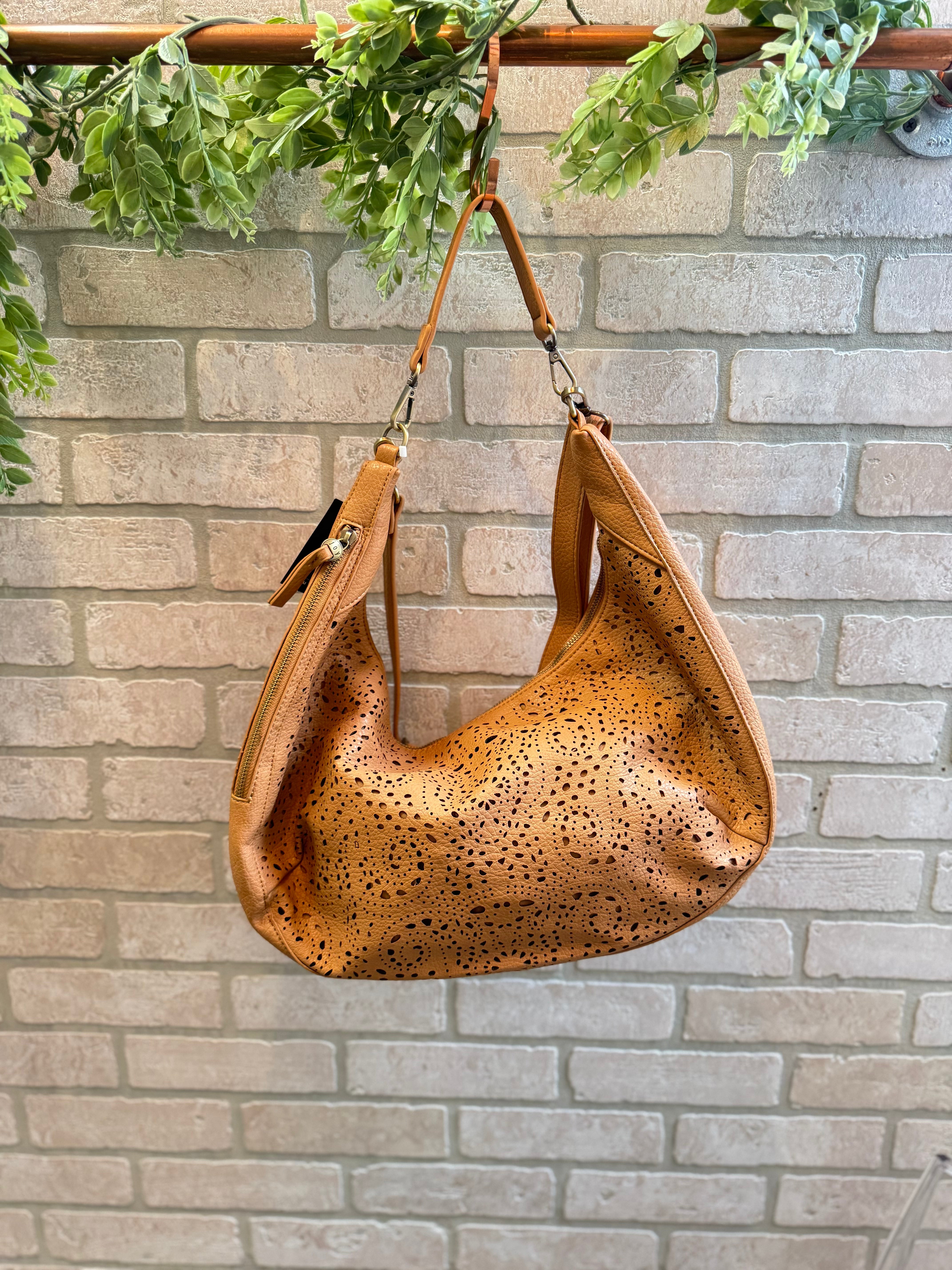 Joy Susan Rhea Slouchy Crescent Purse-Tan Eyelet-Purses-joy susan-The Silo Boutique, Women's Fashion Boutique Located in Warren and Grand Forks North Dakota