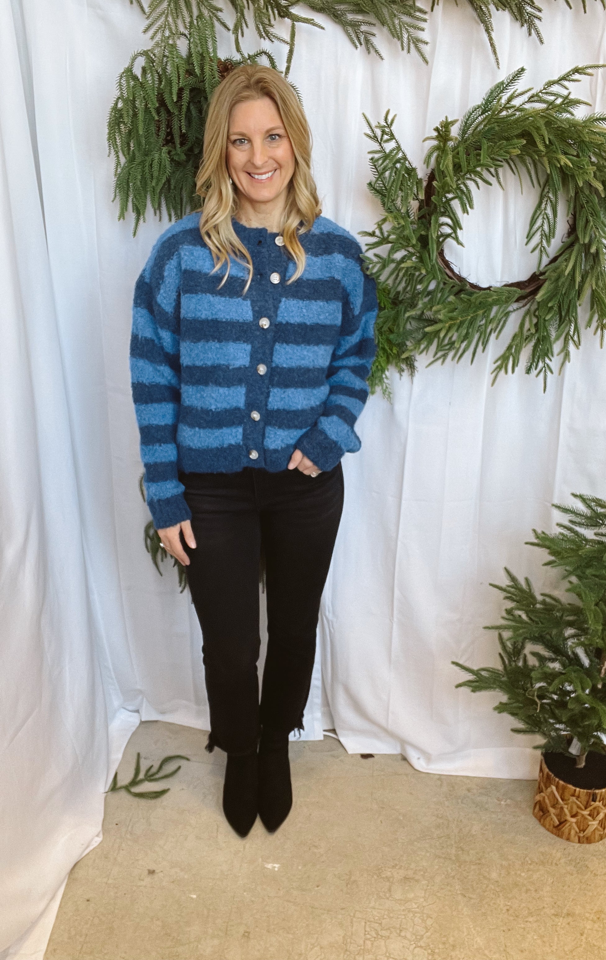 Blue Stripe Brushed Cardigan-Cardigans-wishlist-The Silo Boutique, Women's Fashion Boutique Located in Warren and Grand Forks North Dakota