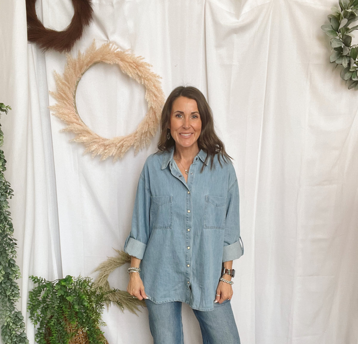 Sutton Denim Button Up Shirt-Long Sleeve Tops-blu pepper-The Silo Boutique, Women's Fashion Boutique Located in Warren and Grand Forks North Dakota
