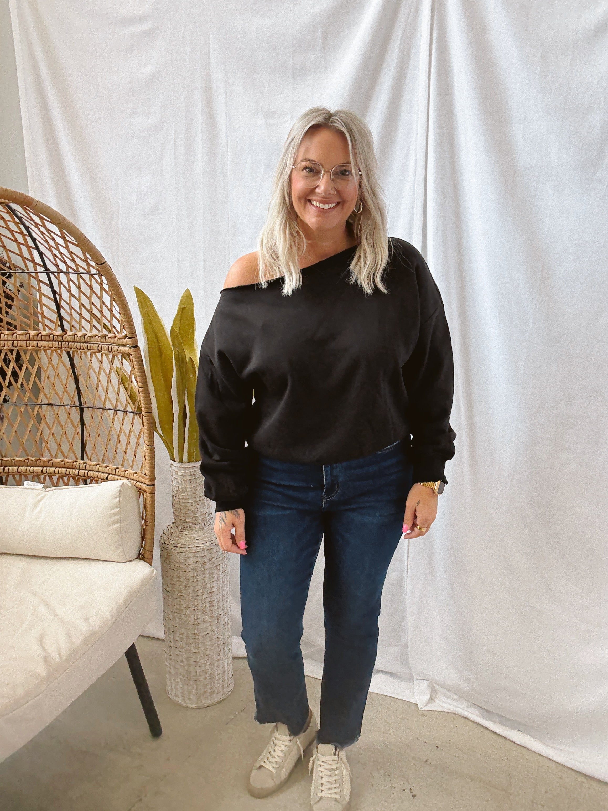 Black Off The Shoulder Sweatshirt-Tank Tops-rae mode-The Silo Boutique, Women's Fashion Boutique Located in Warren and Grand Forks North Dakota