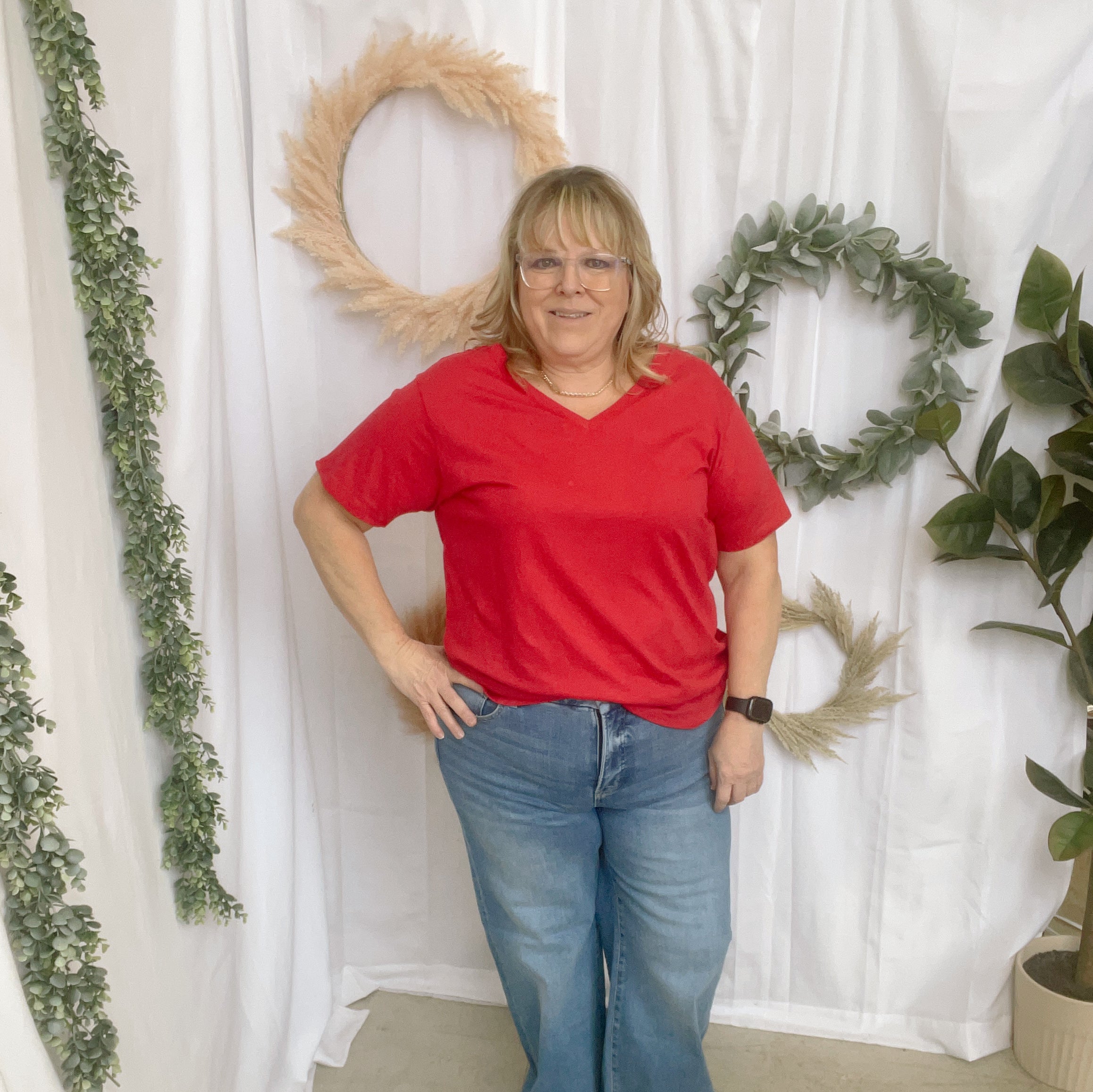 Bobbi V Neck Tee-Red-Short Sleeve Tops-Zenana-The Silo Boutique, Women's Fashion Boutique Located in Warren and Grand Forks North Dakota