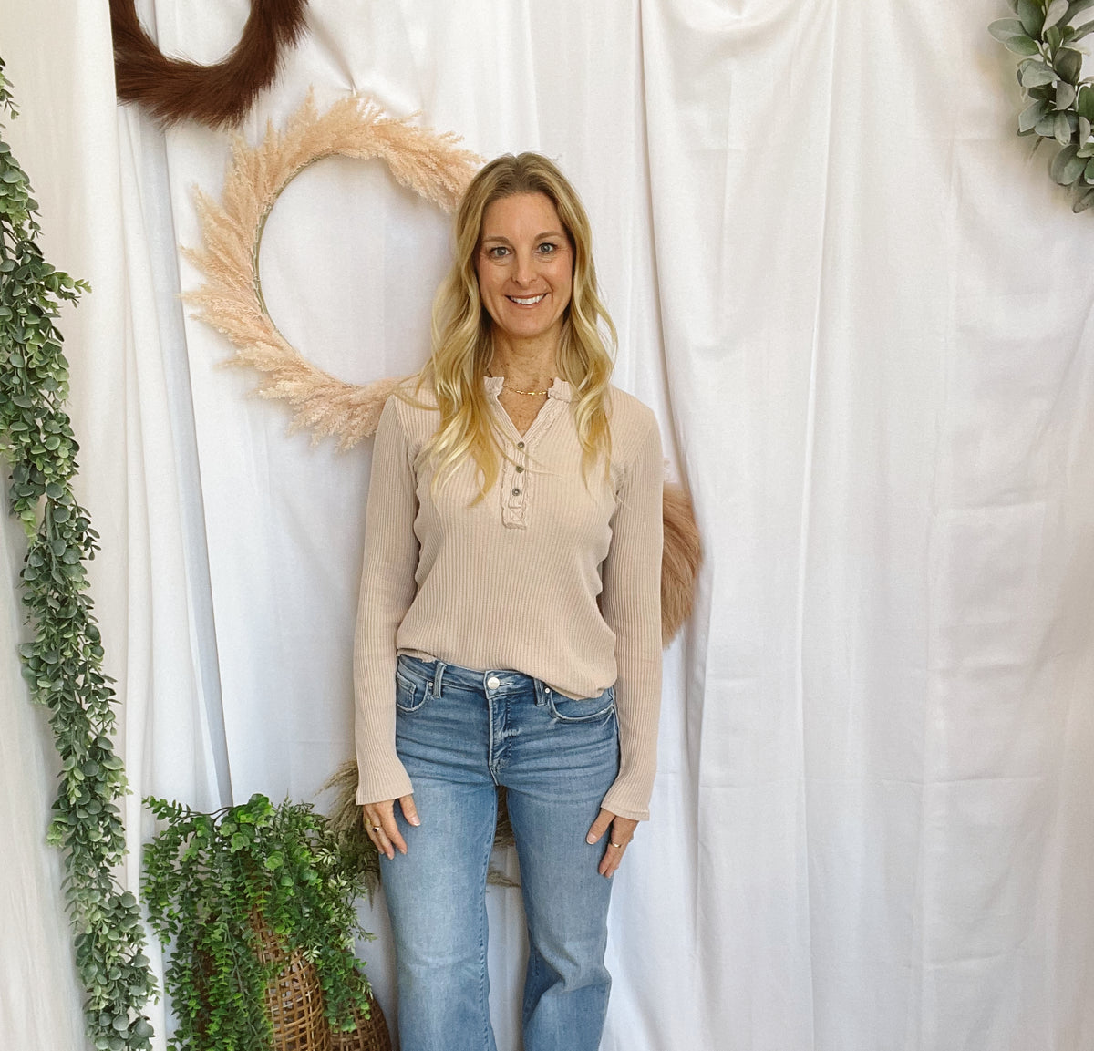 Clara Henley Top-Taupe-Long Sleeve Tops-hyfve-The Silo Boutique, Women's Fashion Boutique Located in Warren and Grand Forks North Dakota