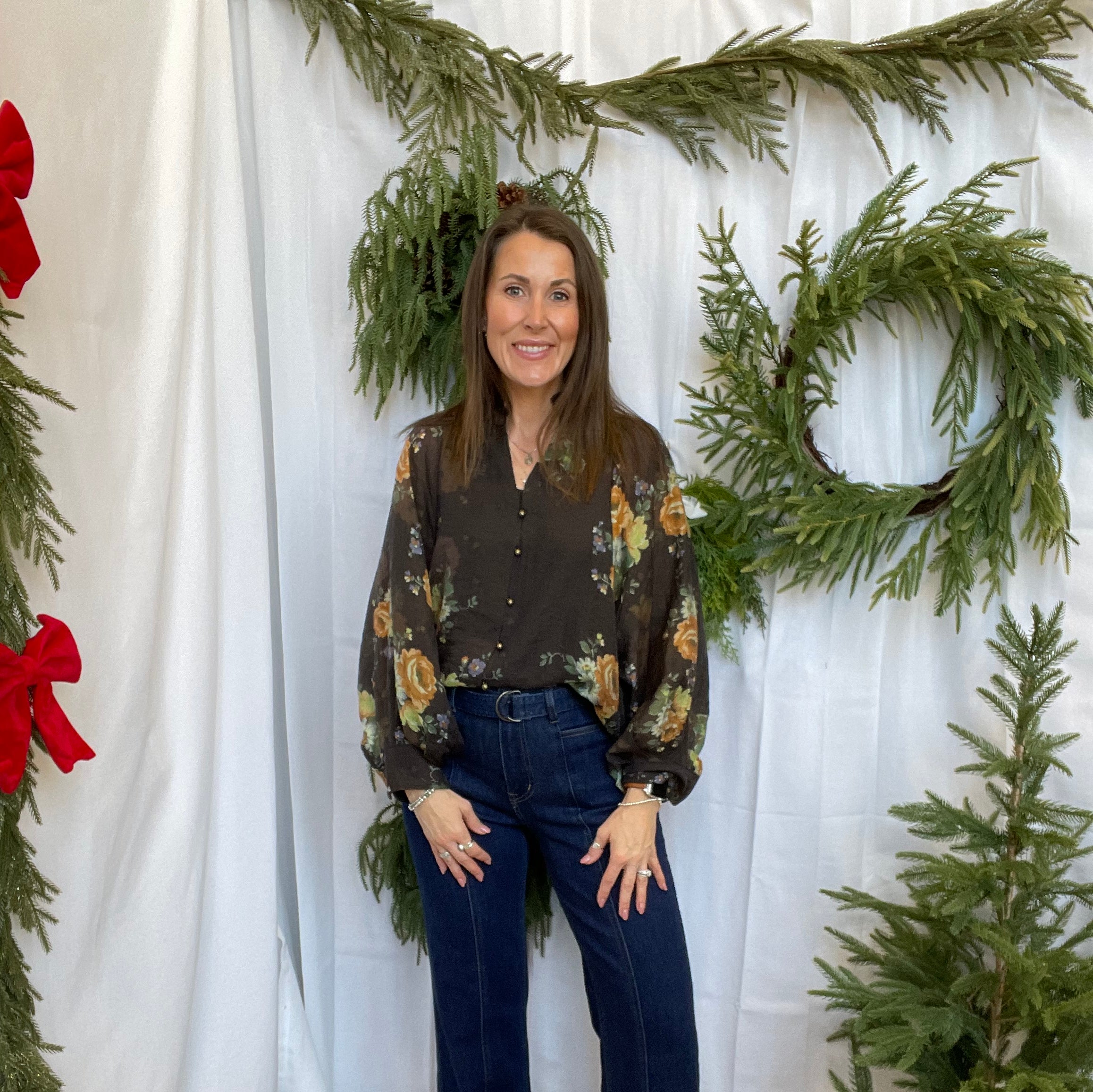 Chocolate Floral Button Top-Long Sleeve Tops-entro-The Silo Boutique, Women's Fashion Boutique Located in Warren and Grand Forks North Dakota