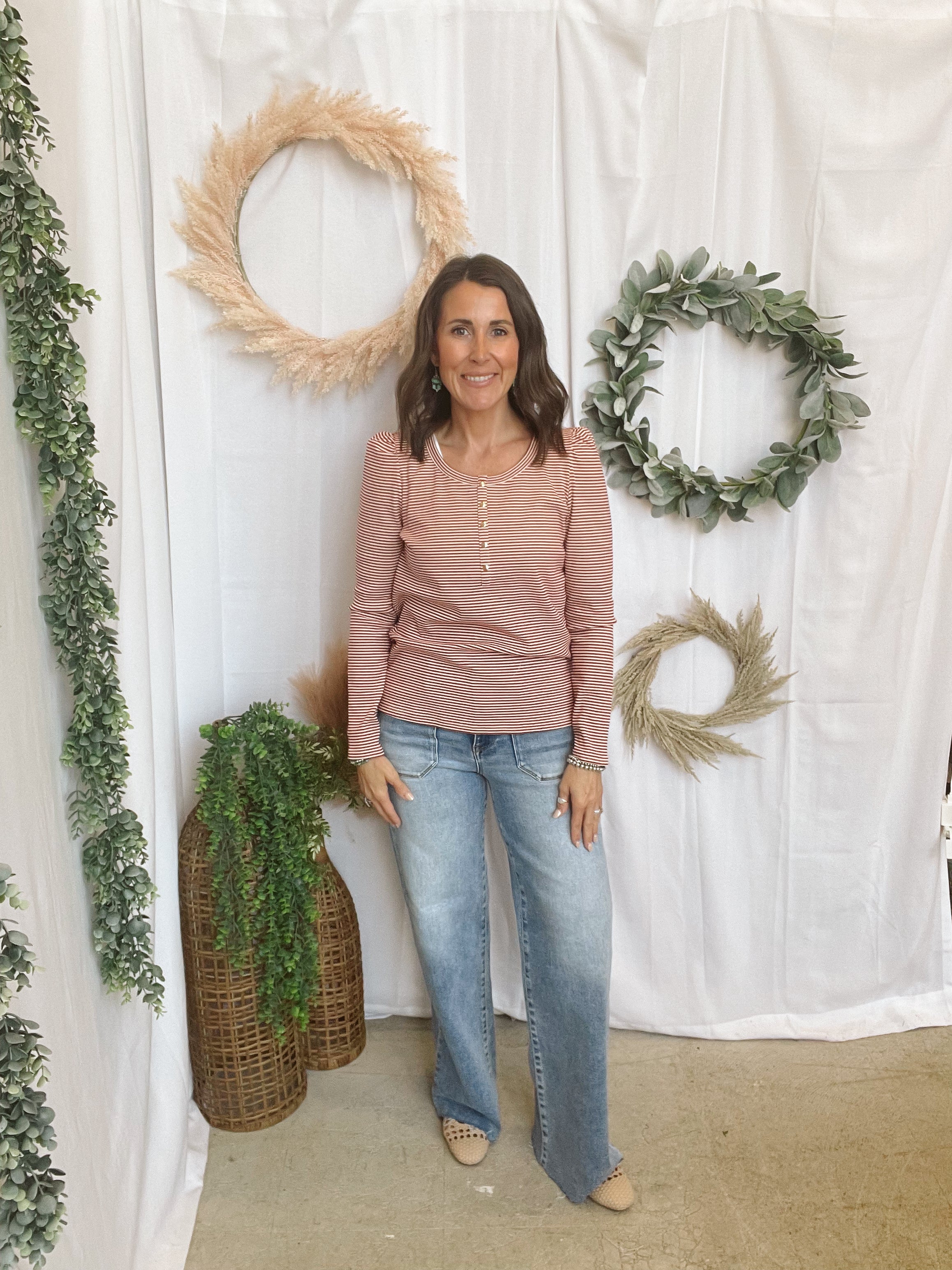 Lauren Striped Henley Top-Red-Long Sleeve Tops-staccato-The Silo Boutique, Women's Fashion Boutique Located in Warren and Grand Forks North Dakota
