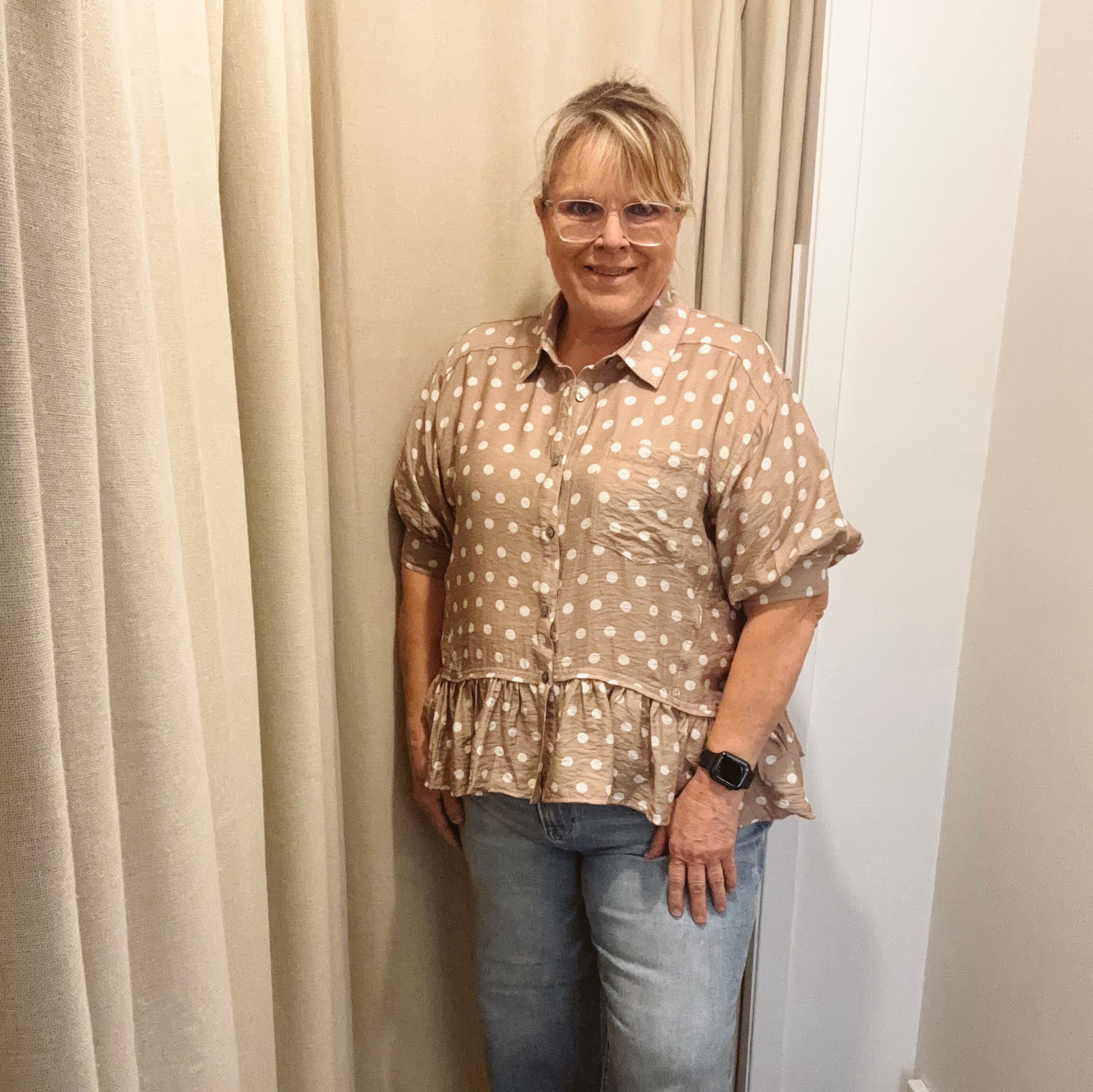Sammy Polka Dot Top-Sand-Final Sale-Short Sleeve Tops-ENTRO-The Silo Boutique, Women's Fashion Boutique Located in Warren and Grand Forks North Dakota
