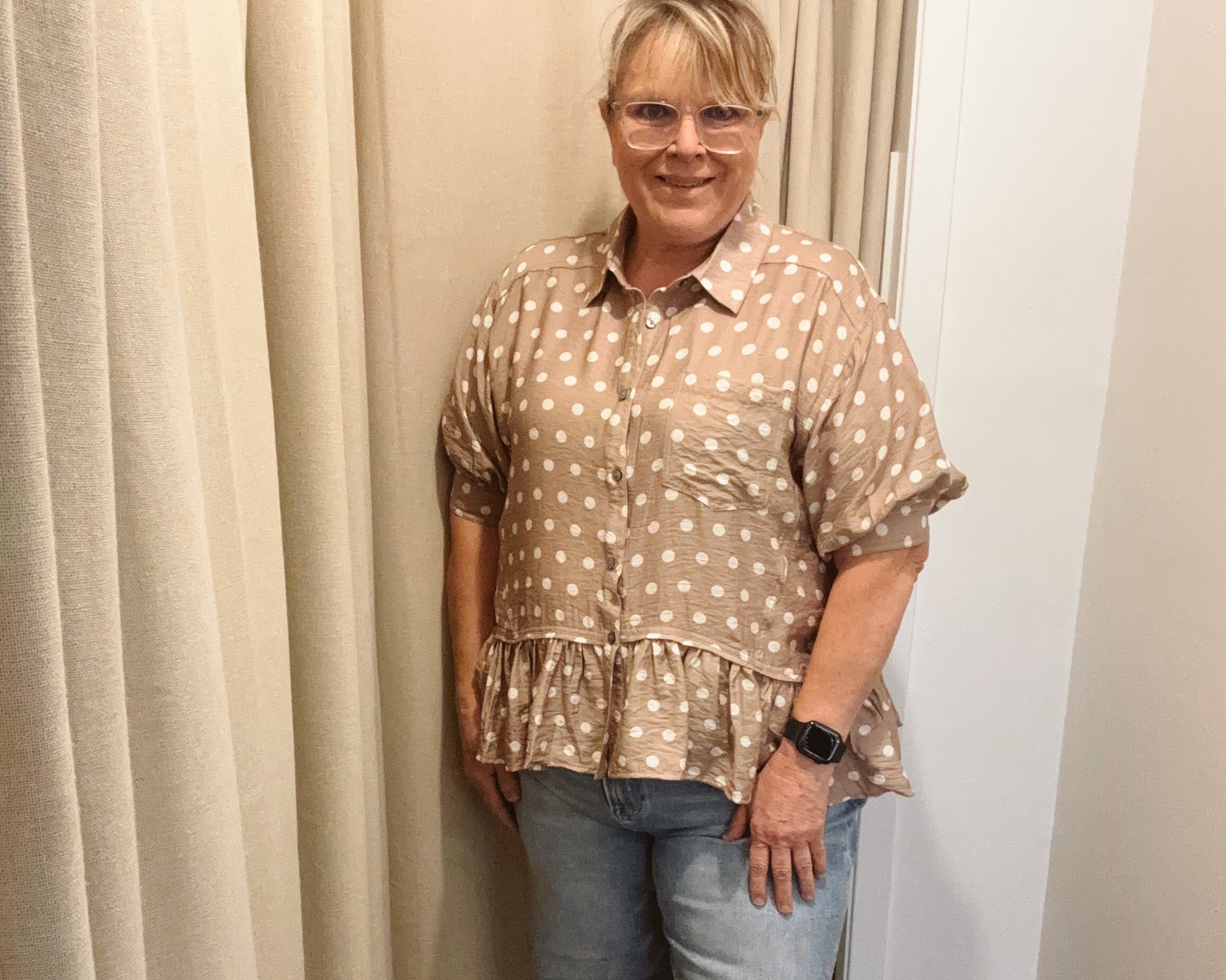 Sammy Polka Dot Top-Sand-Short Sleeve Tops-ENTRO-The Silo Boutique, Women's Fashion Boutique Located in Warren and Grand Forks North Dakota