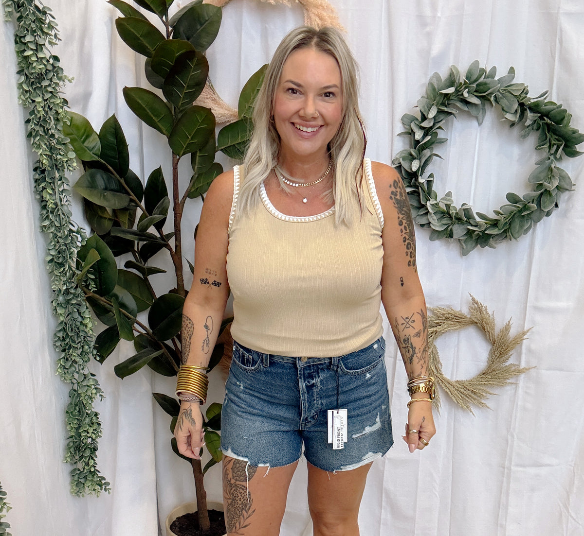 Blanket Stitch Tank Top-Taupe-Short Sleeve Tops-staccato-The Silo Boutique, Women's Fashion Boutique Located in Warren and Grand Forks North Dakota