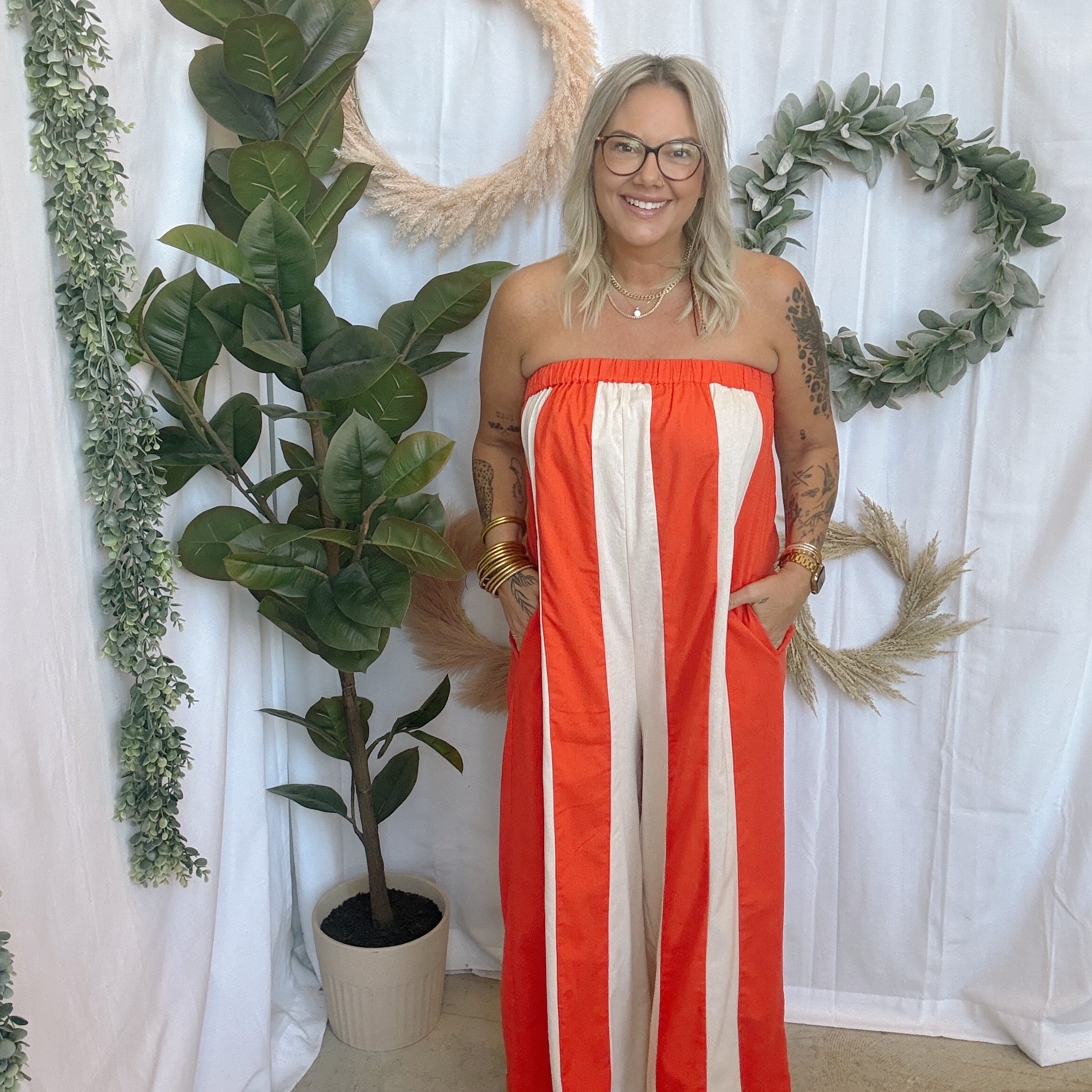 Papaya Striped Jumpsuit-Jumpsuits & Rompers-wishlist-The Silo Boutique, Women's Fashion Boutique Located in Warren and Grand Forks North Dakota