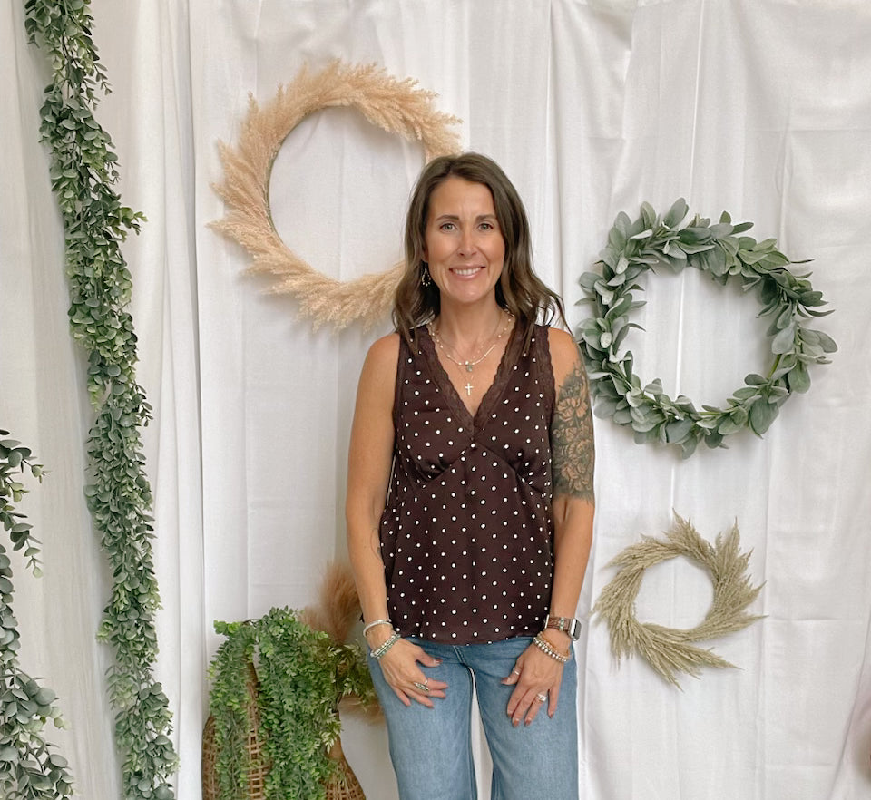 Polka Dot Satin Lace Tank Top-Tank Tops-skies are blue-The Silo Boutique, Women's Fashion Boutique Located in Warren and Grand Forks North Dakota