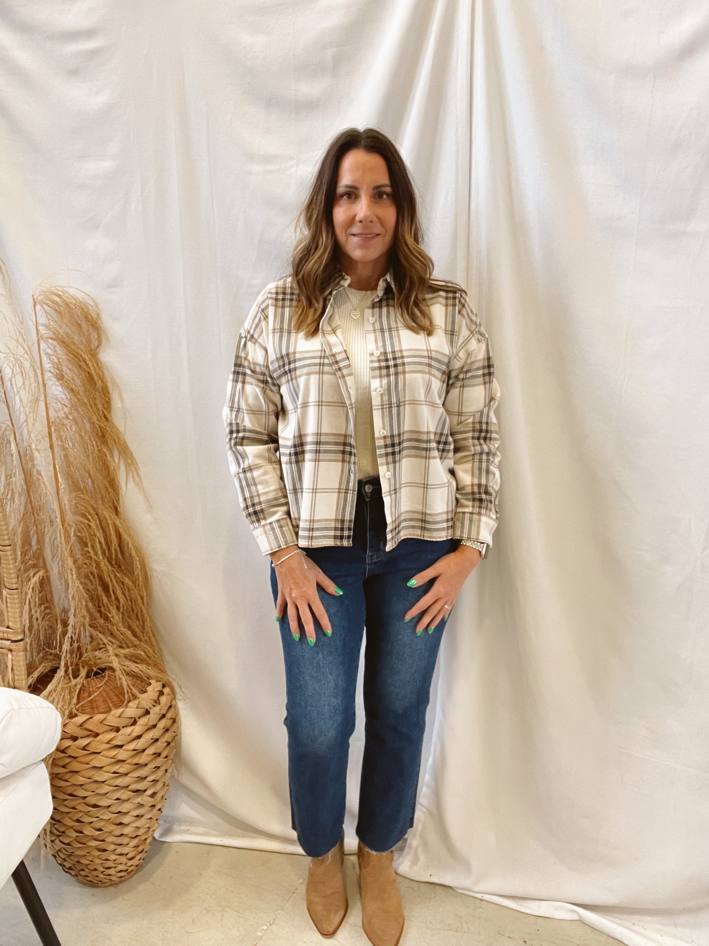 Khaki Mix Plaid Boxy Flannel Top-Long Sleeve Tops-blu pepper-The Silo Boutique, Women's Fashion Boutique Located in Warren and Grand Forks North Dakota