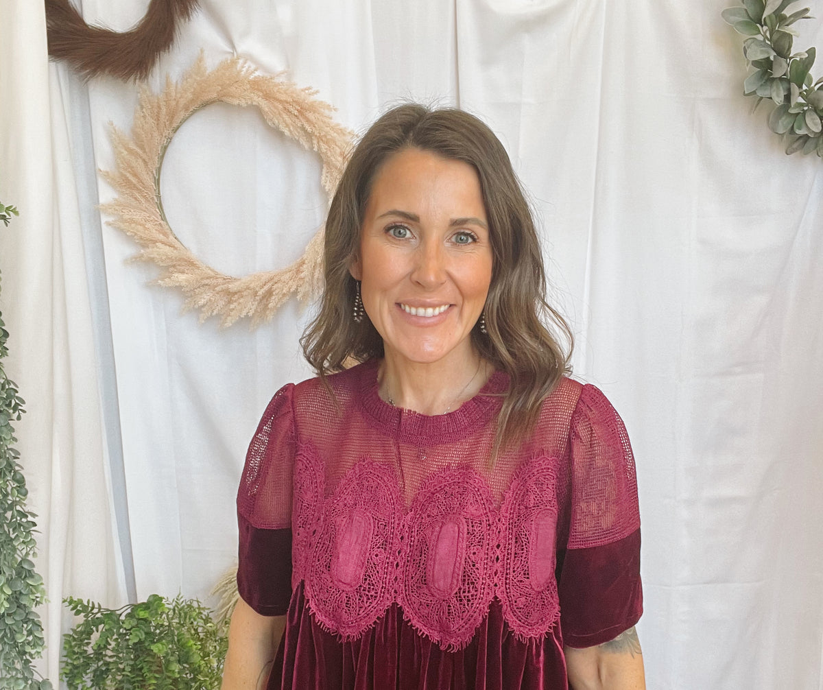 Velvet Scallop Top-Burgundy-Short Sleeve Tops-hem and thread-The Silo Boutique, Women's Fashion Boutique Located in Warren and Grand Forks North Dakota