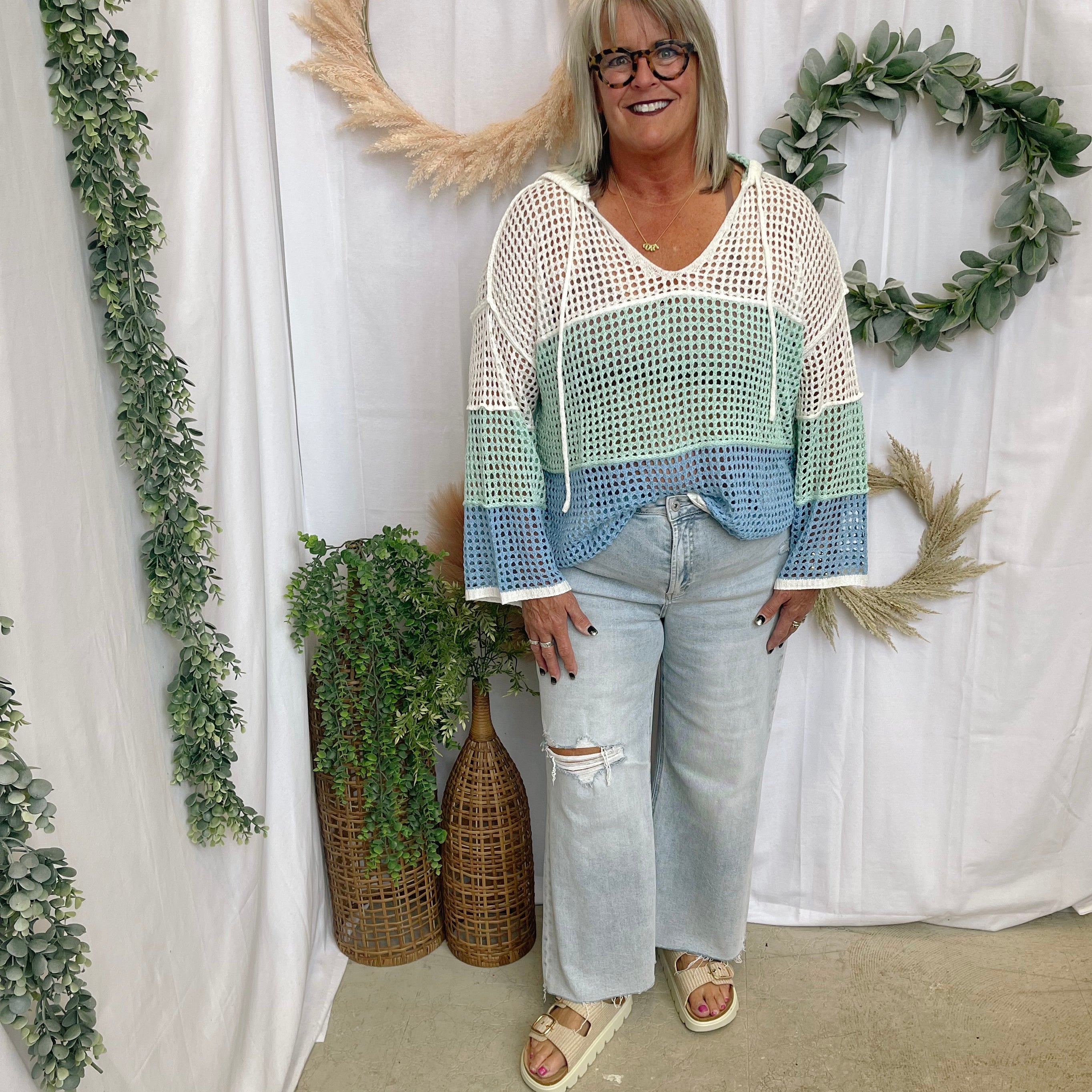 Seaglass Hooded Open Knit Sweater-Sweaters-cozy co-The Silo Boutique, Women's Fashion Boutique Located in Warren and Grand Forks North Dakota