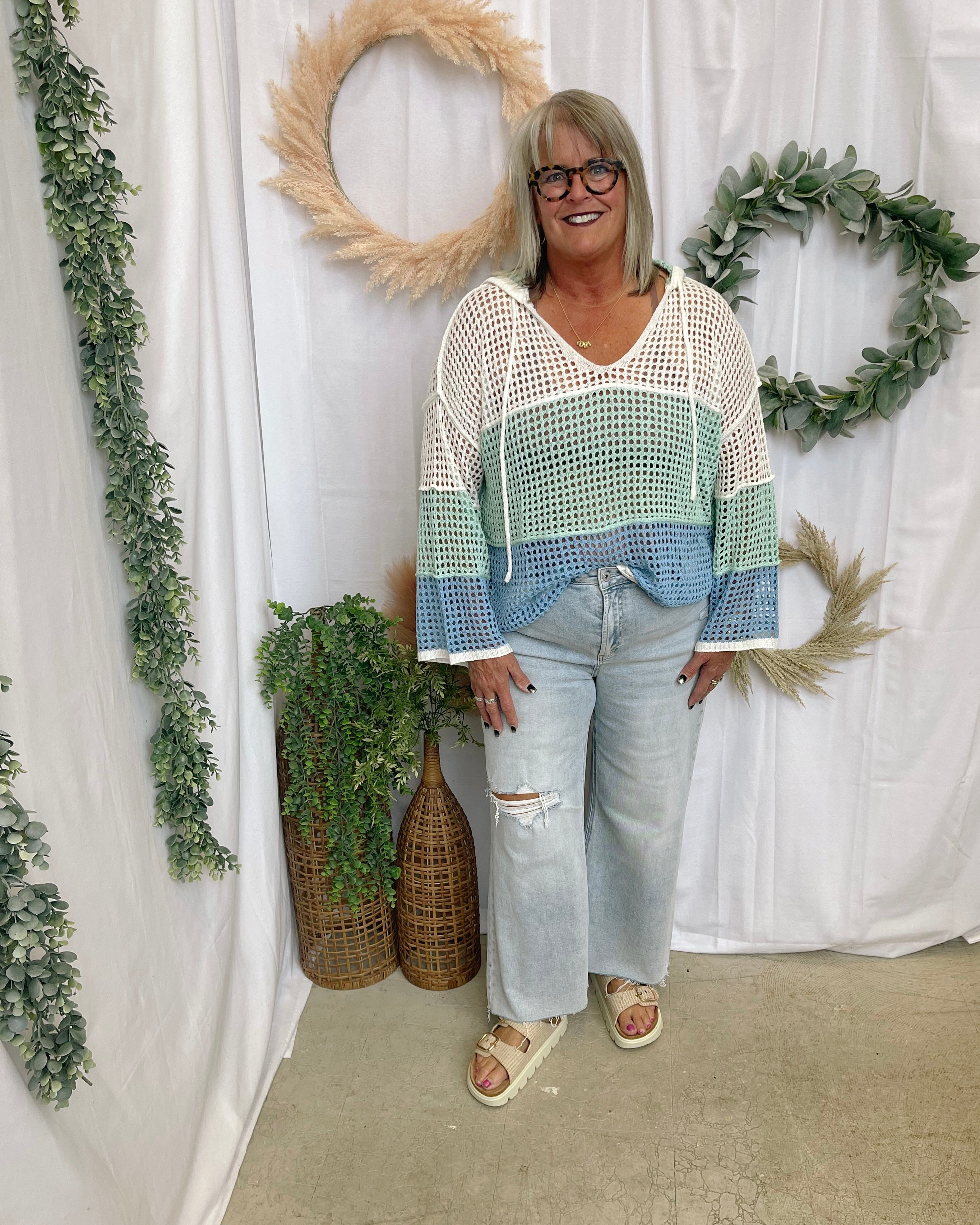 Seaglass Hooded Open Knit Sweater-Sweaters-cozy co-The Silo Boutique, Women's Fashion Boutique Located in Warren and Grand Forks North Dakota