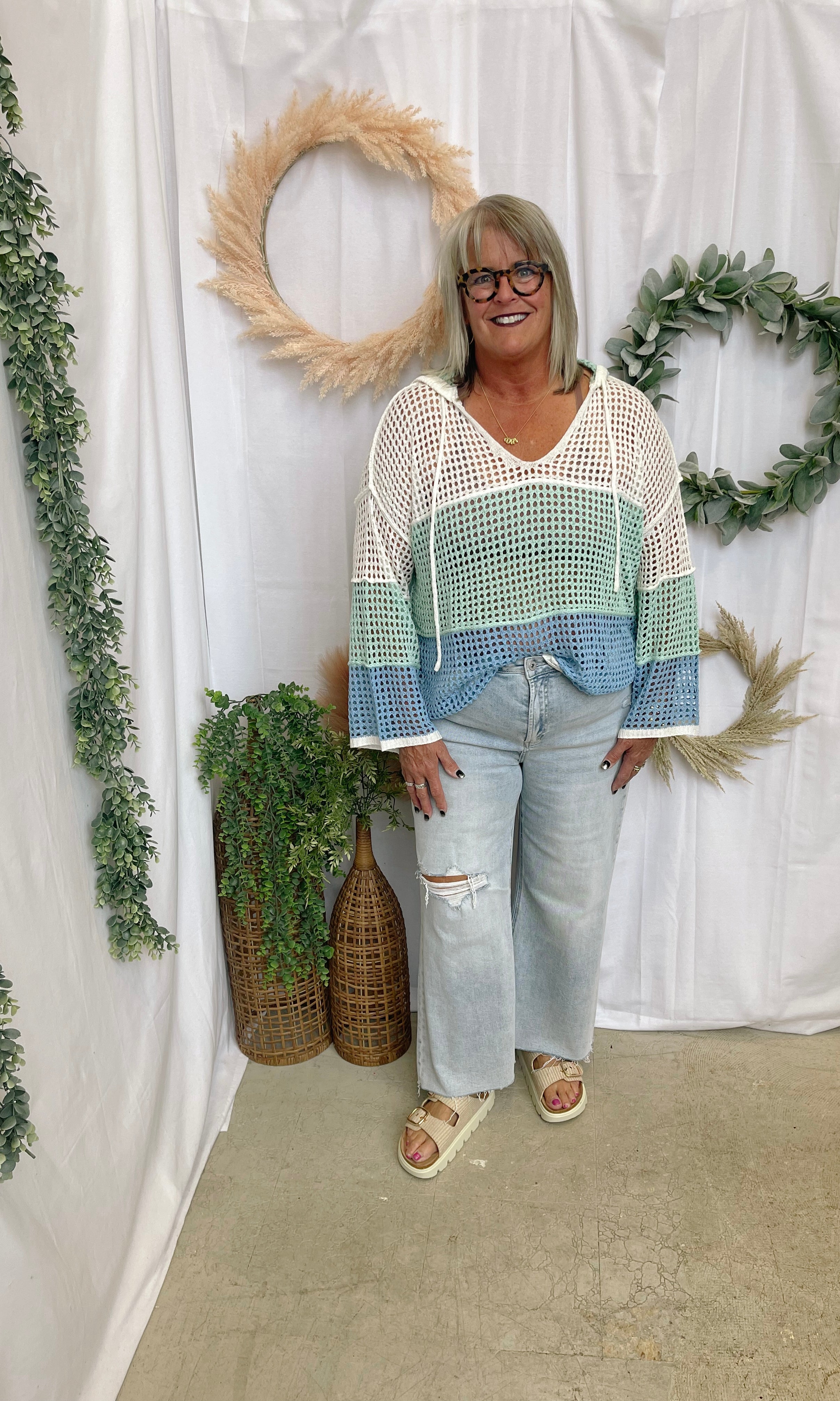 Seaglass Hooded Open Knit Sweater-Sweaters-cozy co-The Silo Boutique, Women's Fashion Boutique Located in Warren and Grand Forks North Dakota