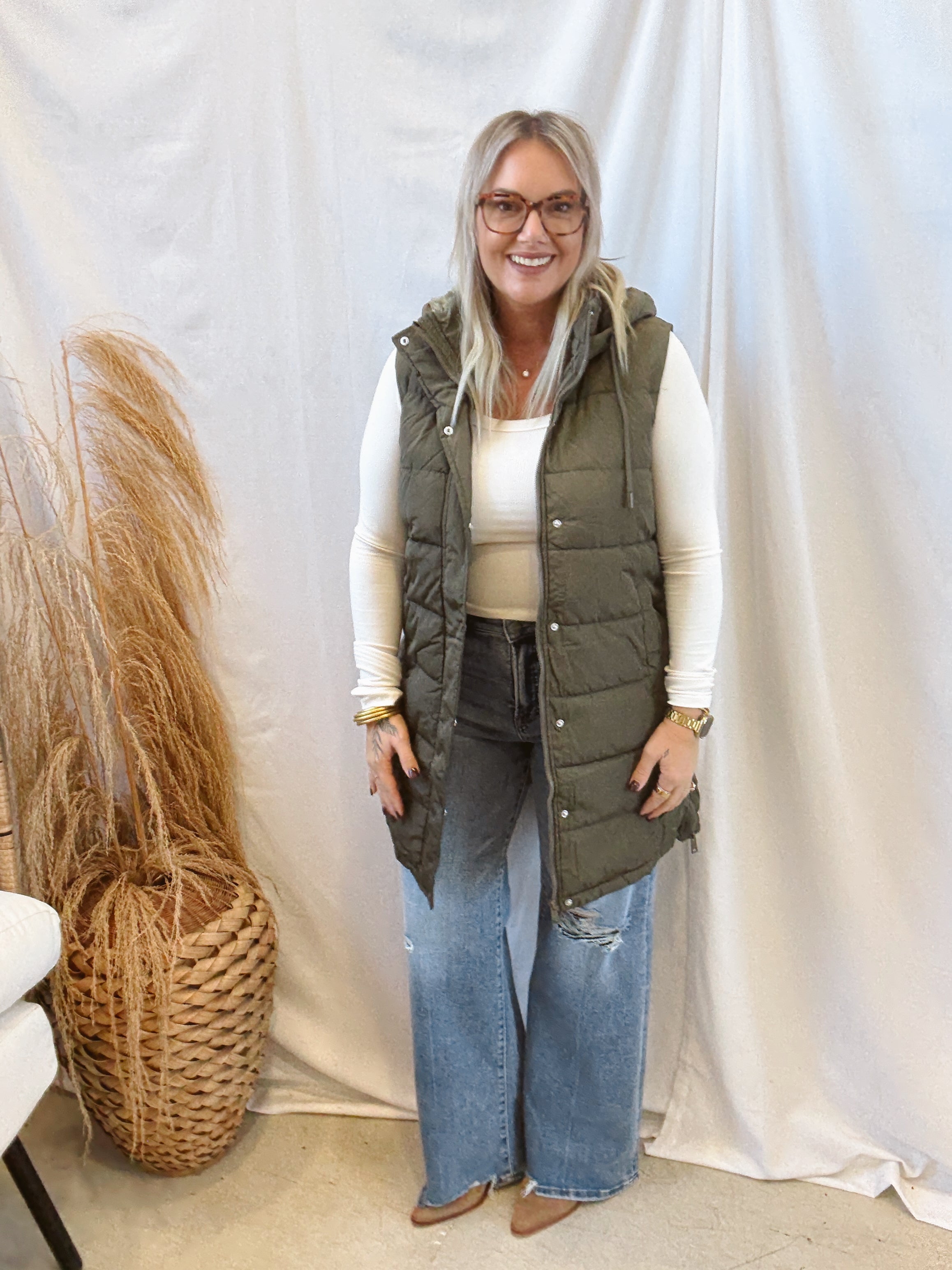 Long Puffer Vest-Olive-Vests-diamonante-The Silo Boutique, Women's Fashion Boutique Located in Warren and Grand Forks North Dakota
