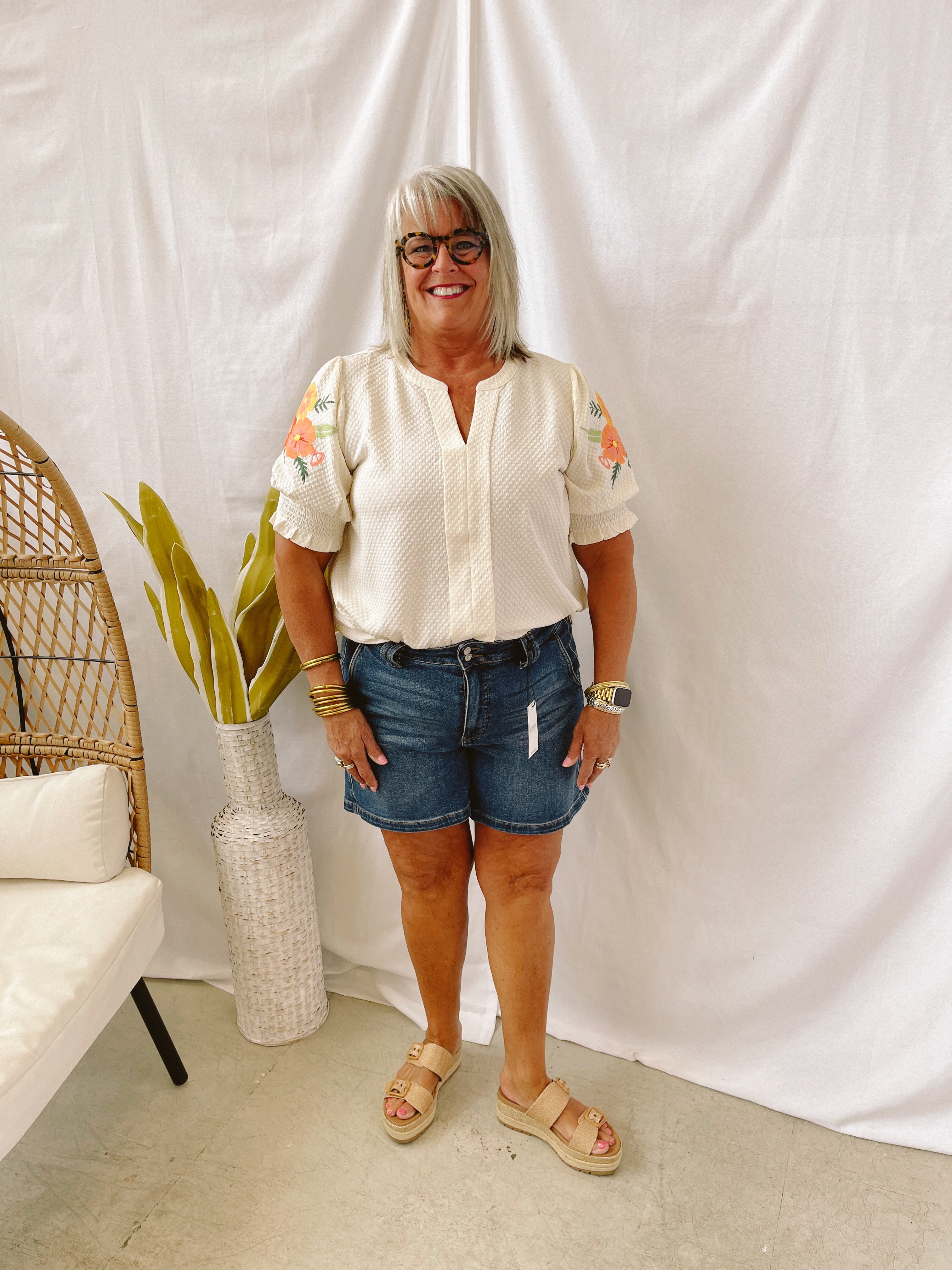 Floral Detail Puff Sleeve Top-Short Sleeve Tops-oddi-The Silo Boutique, Women's Fashion Boutique Located in Warren and Grand Forks North Dakota