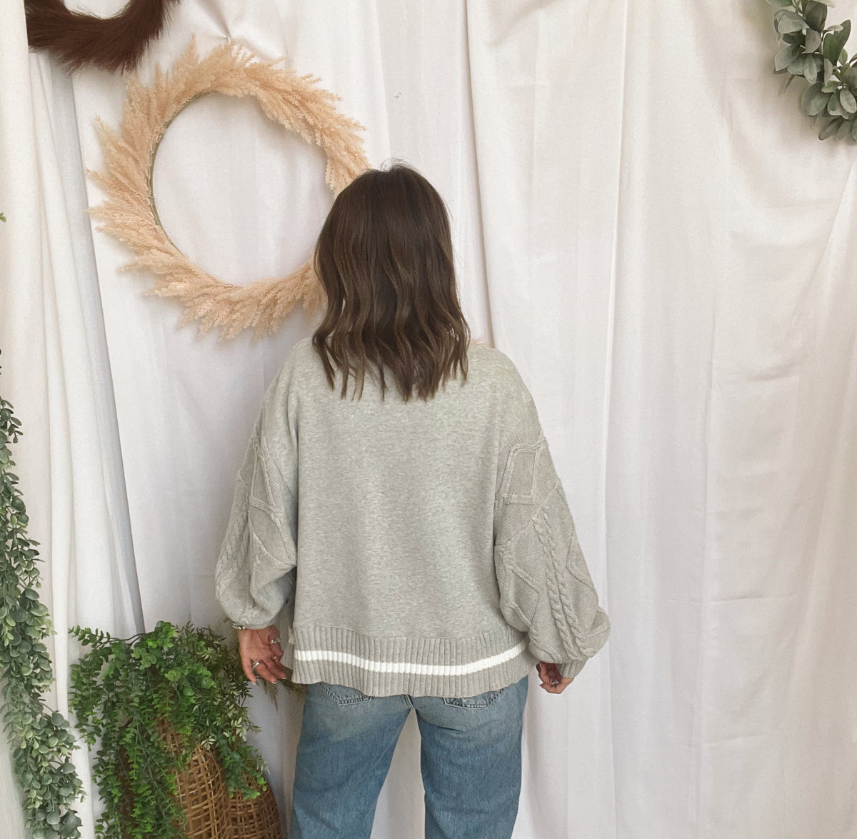 Lisa Cable Knit Sleeve Sweatshirt-Grey-Cardigans-lelis-The Silo Boutique, Women's Fashion Boutique Located in Warren and Grand Forks North Dakota
