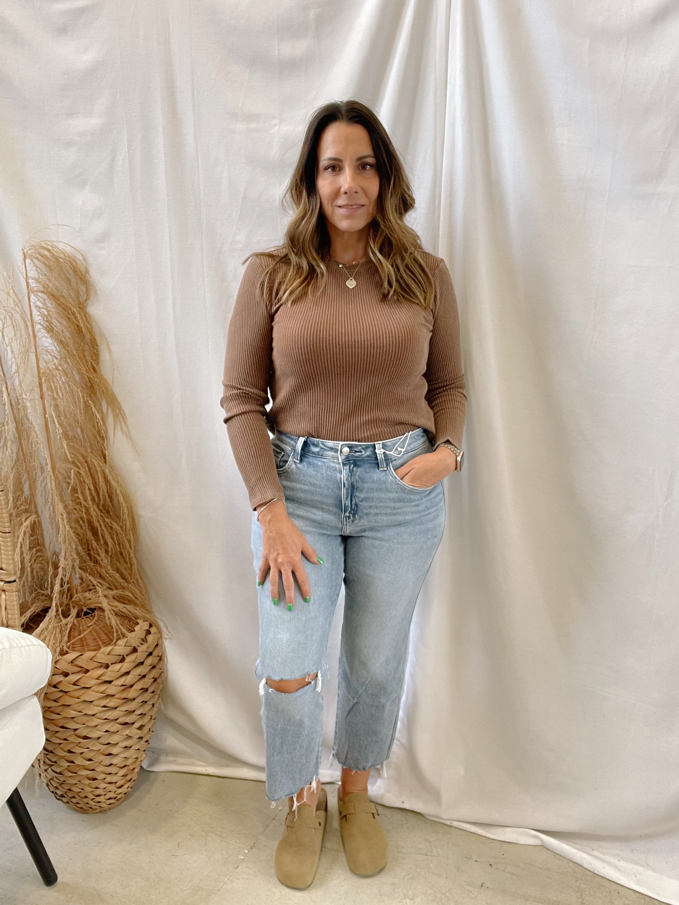 Mineral Wash Waffle Knit Top-Brown-Long Sleeve Tops-hyfve-The Silo Boutique, Women's Fashion Boutique Located in Warren and Grand Forks North Dakota