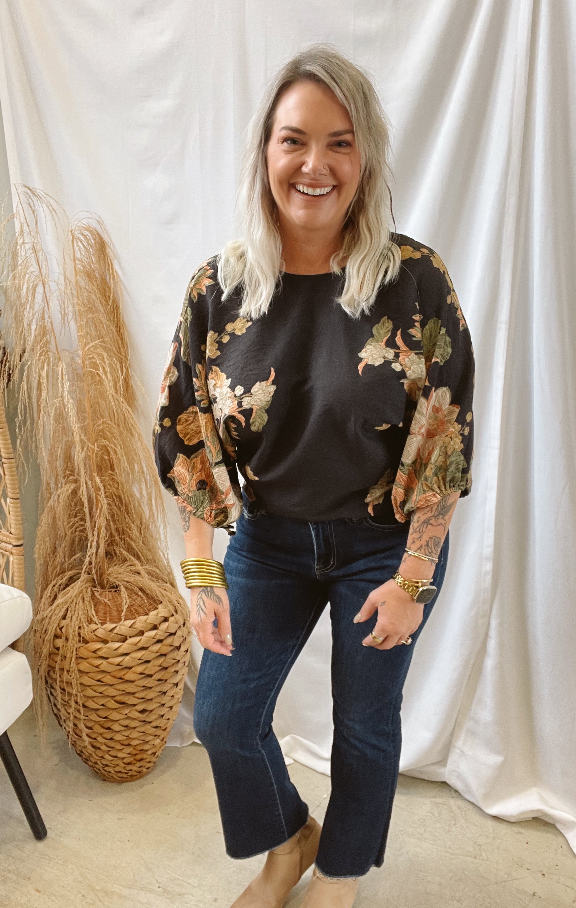 Floral Gathered Sleeve Top-Black-Short Sleeve Tops-ENTRO-The Silo Boutique, Women's Fashion Boutique Located in Warren and Grand Forks North Dakota
