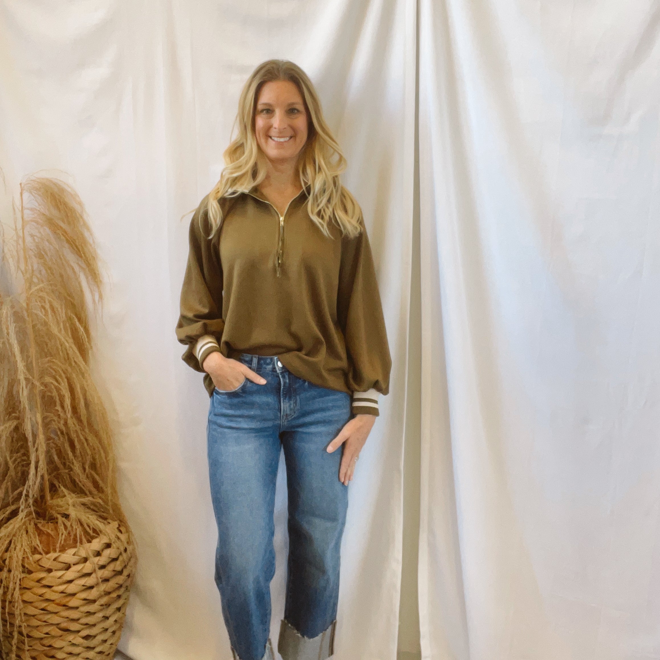 Olive Quarter Zip Pullover-Sweaters-ENTRO-The Silo Boutique, Women's Fashion Boutique Located in Warren and Grand Forks North Dakota