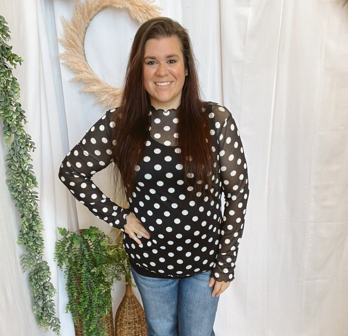 Polka Dot Mesh Top-Black-Sweaters-very j-The Silo Boutique, Women's Fashion Boutique Located in Warren and Grand Forks North Dakota