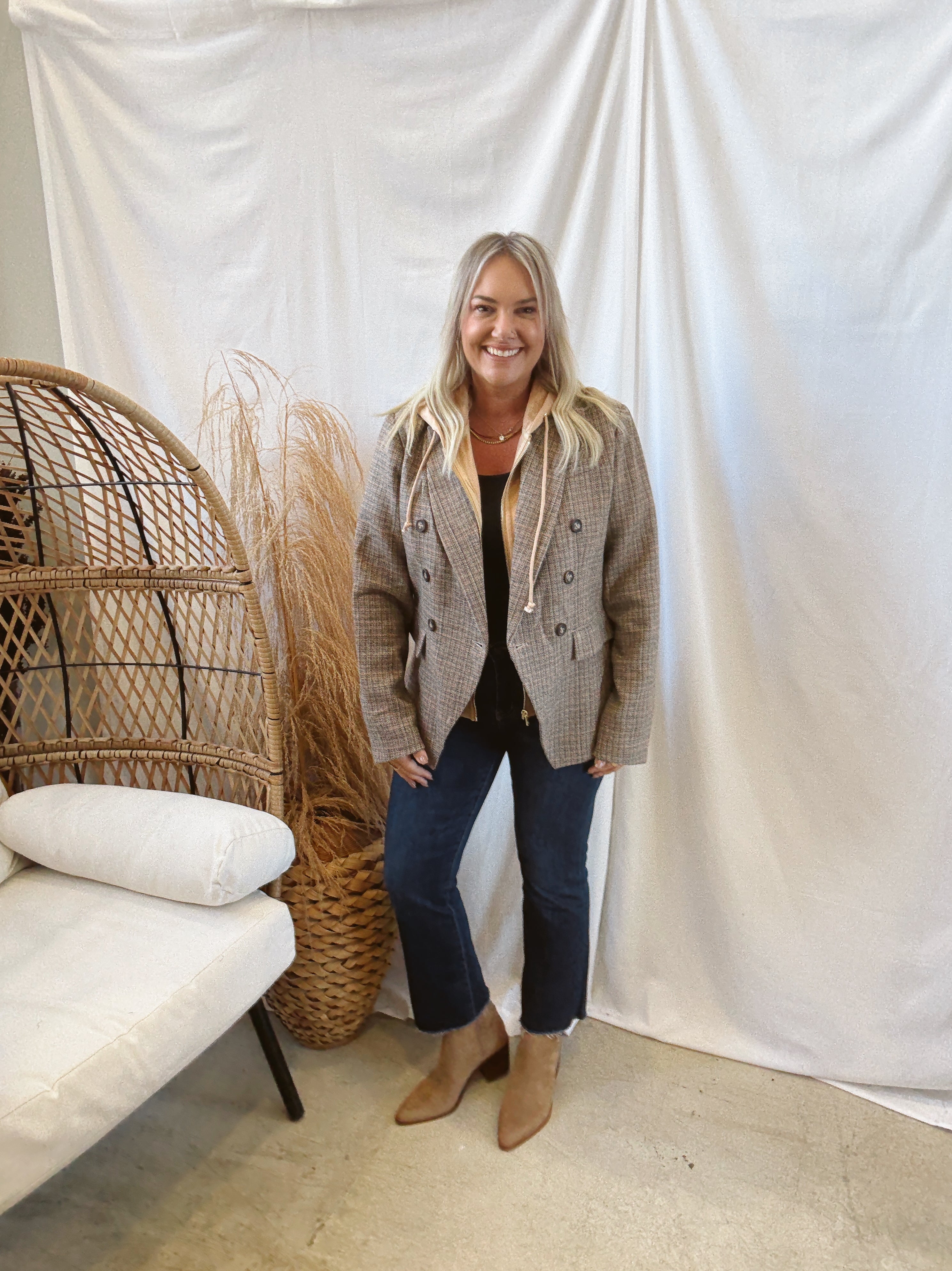 Fate Tan Combo Hooded Blazer-Blazers-fate-The Silo Boutique, Women's Fashion Boutique Located in Warren and Grand Forks North Dakota