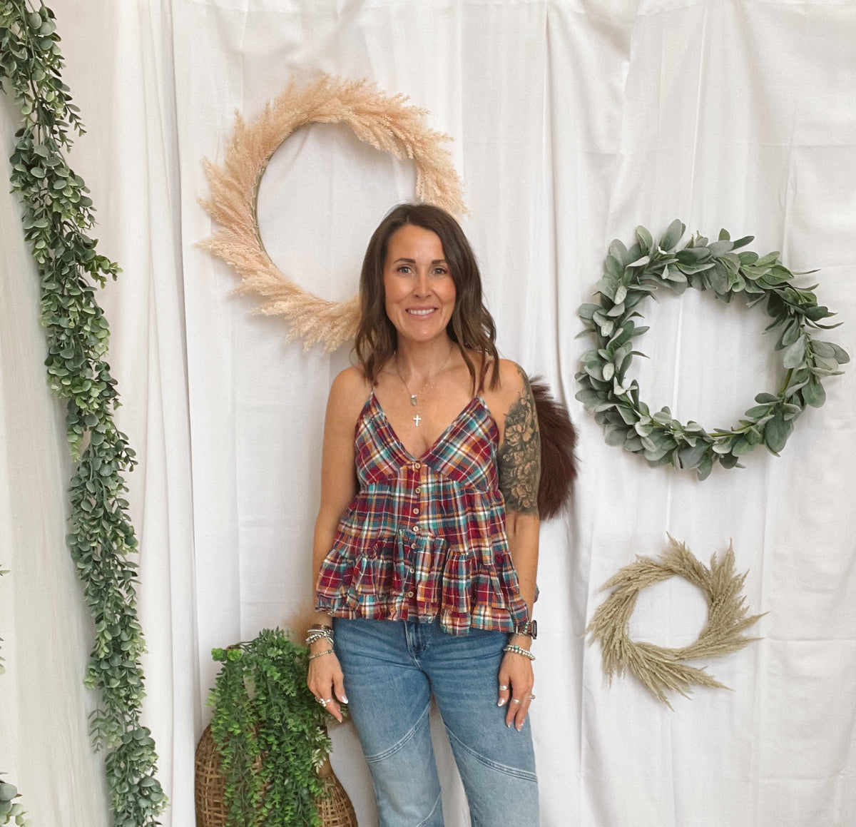 Peplum Plaid V Neck Tank Top-Tank Tops-cozy co-The Silo Boutique, Women's Fashion Boutique Located in Warren and Grand Forks North Dakota