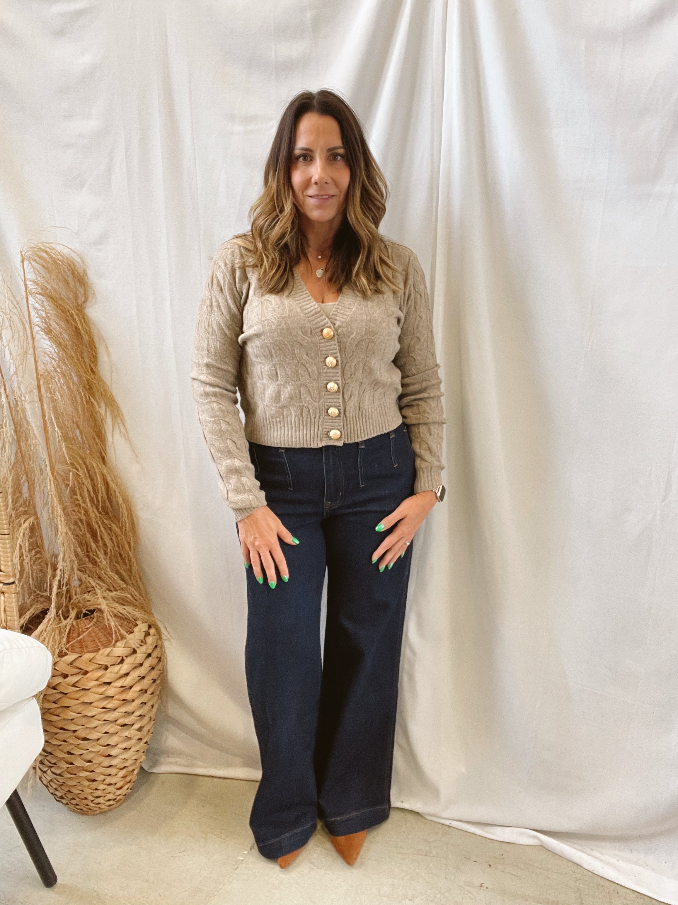 Cable Knit Gold Button Cardigan-Cardigans-hyfve-The Silo Boutique, Women's Fashion Boutique Located in Warren and Grand Forks North Dakota