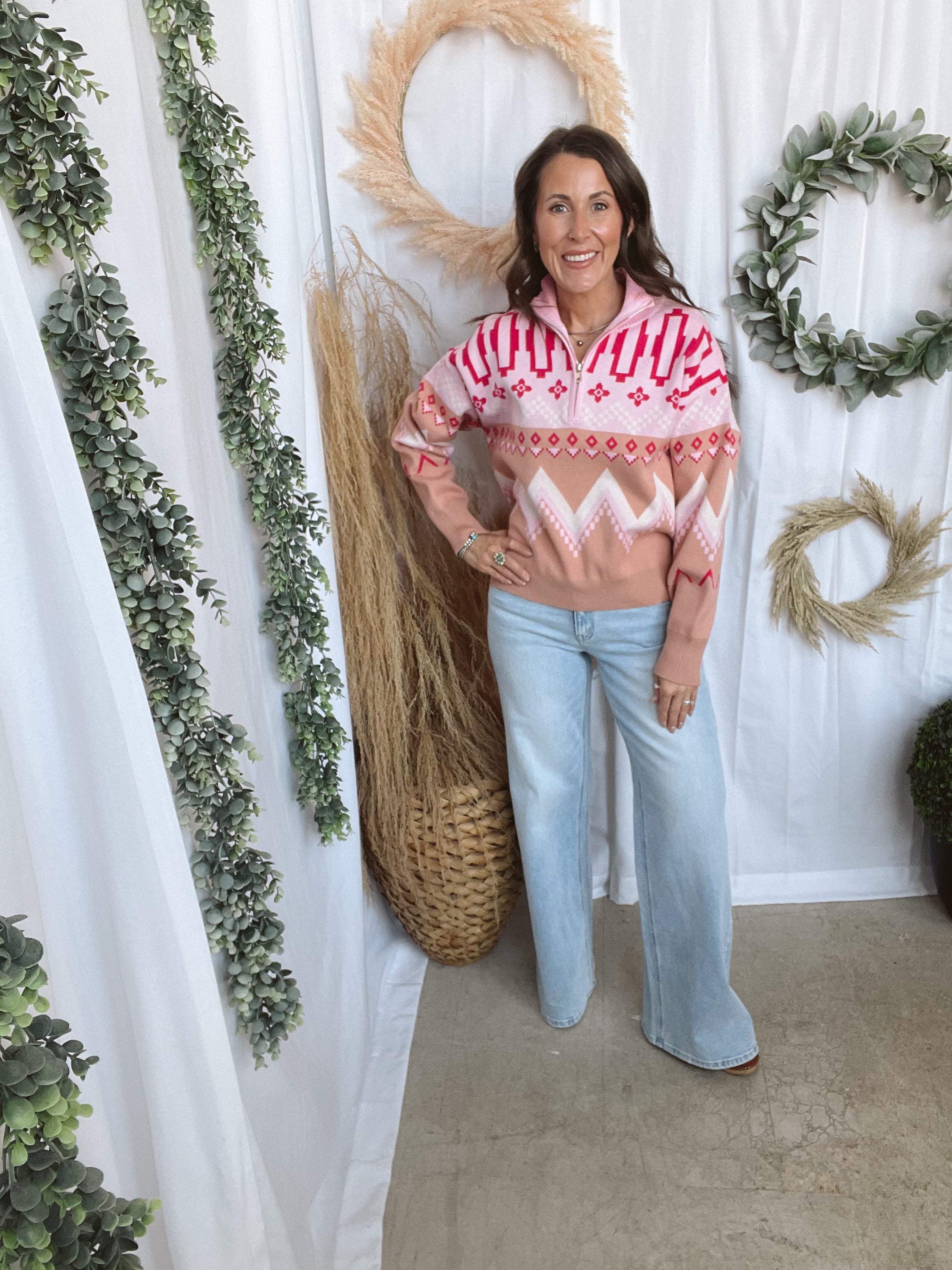 Pink Geo Quarter Zip Sweater-Sweaters-&merci-The Silo Boutique, Women's Fashion Boutique Located in Warren and Grand Forks North Dakota