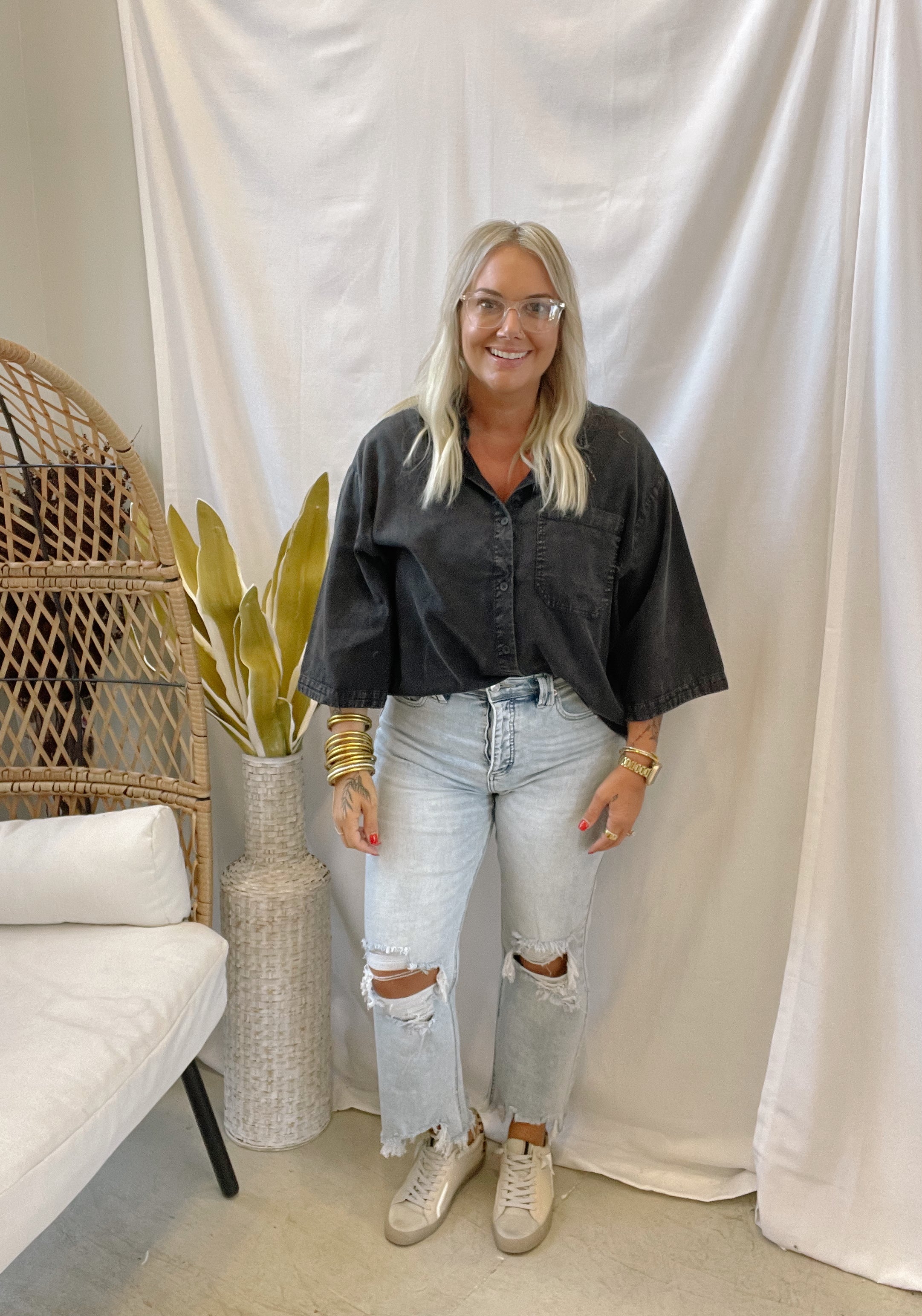 Black Button Down Long Sleeve Top-Long Sleeve Tops-hyfve-The Silo Boutique, Women's Fashion Boutique Located in Warren and Grand Forks North Dakota