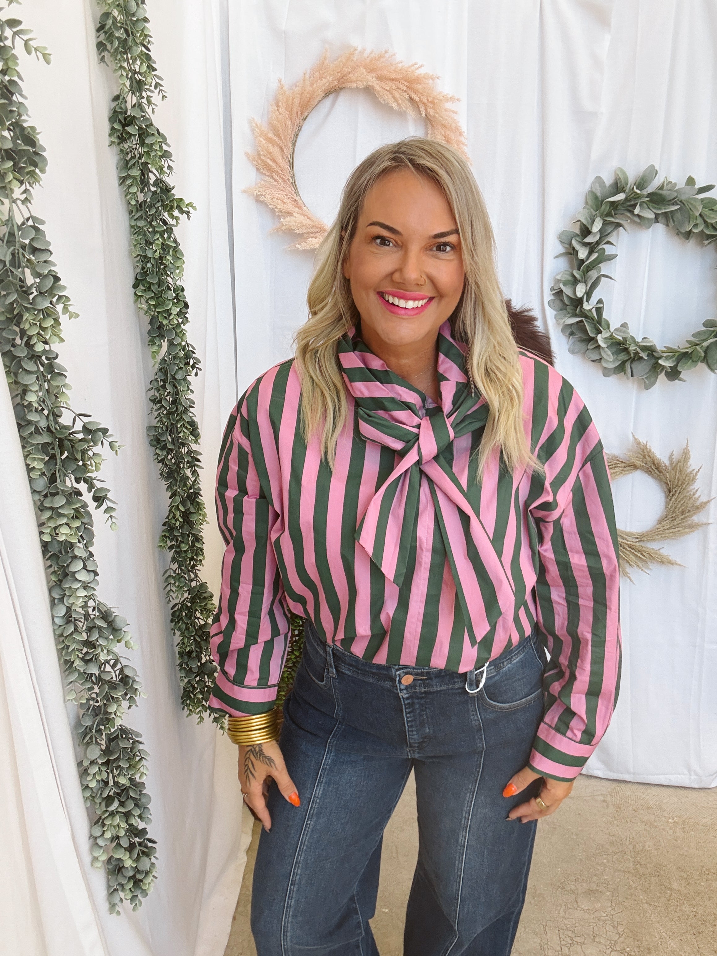 Glam Bow Neck Stripe Top-Long Sleeve Tops-glam-The Silo Boutique, Women's Fashion Boutique Located in Warren and Grand Forks North Dakota