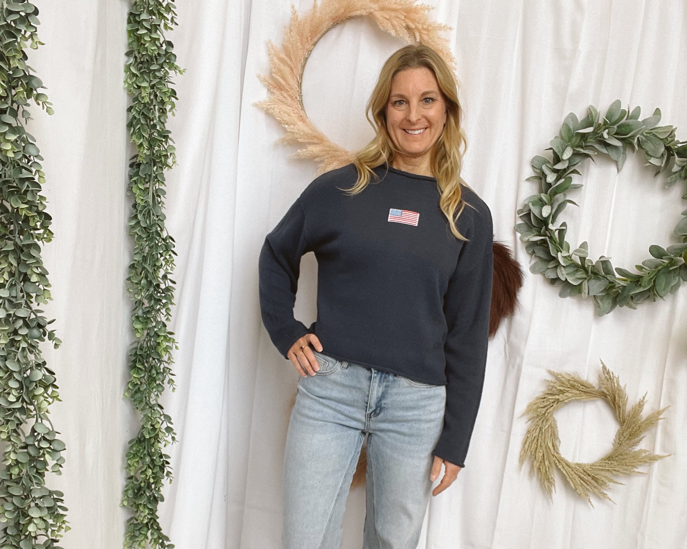 Le Lis Navy USA Flag Sweater-Sweaters-lelis-The Silo Boutique, Women's Fashion Boutique Located in Warren and Grand Forks North Dakota