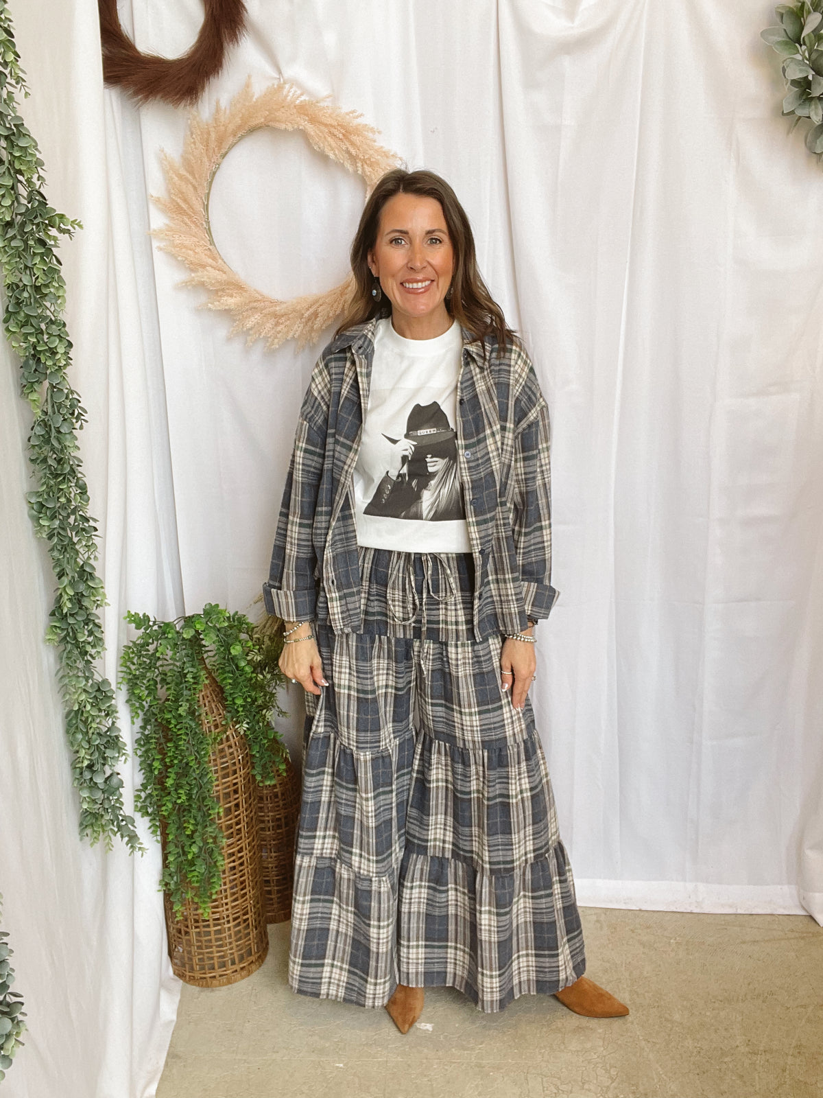 Boho Plaid Tiered Pants-Navy-Pants-hyfve-The Silo Boutique, Women's Fashion Boutique Located in Warren and Grand Forks North Dakota