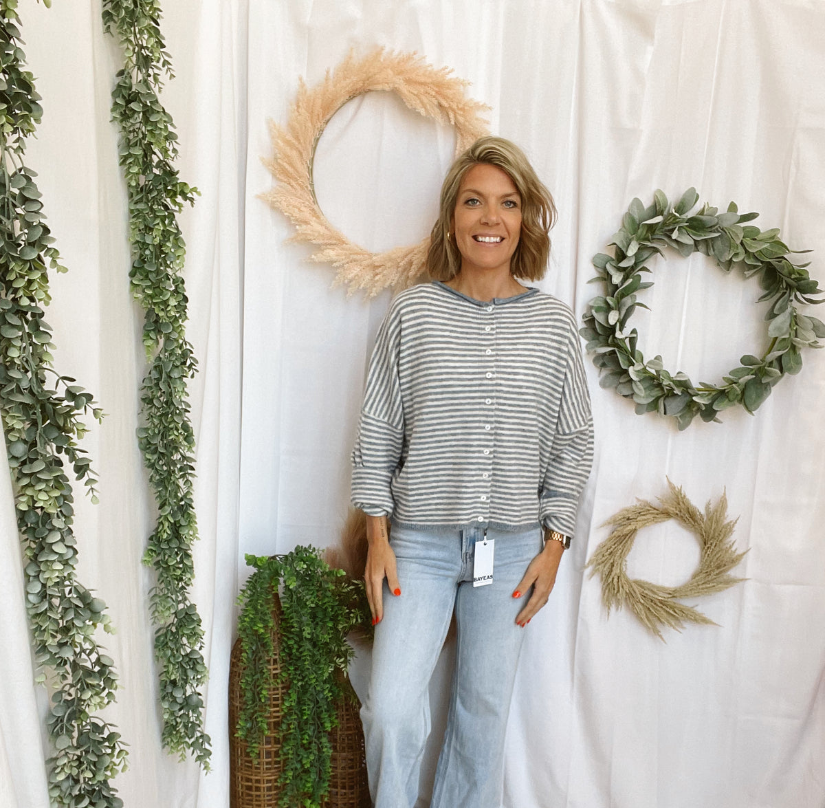 Jesse Striped Cardigan-Dusty Blue-Cardigans-joa-The Silo Boutique, Women's Fashion Boutique Located in Warren and Grand Forks North Dakota
