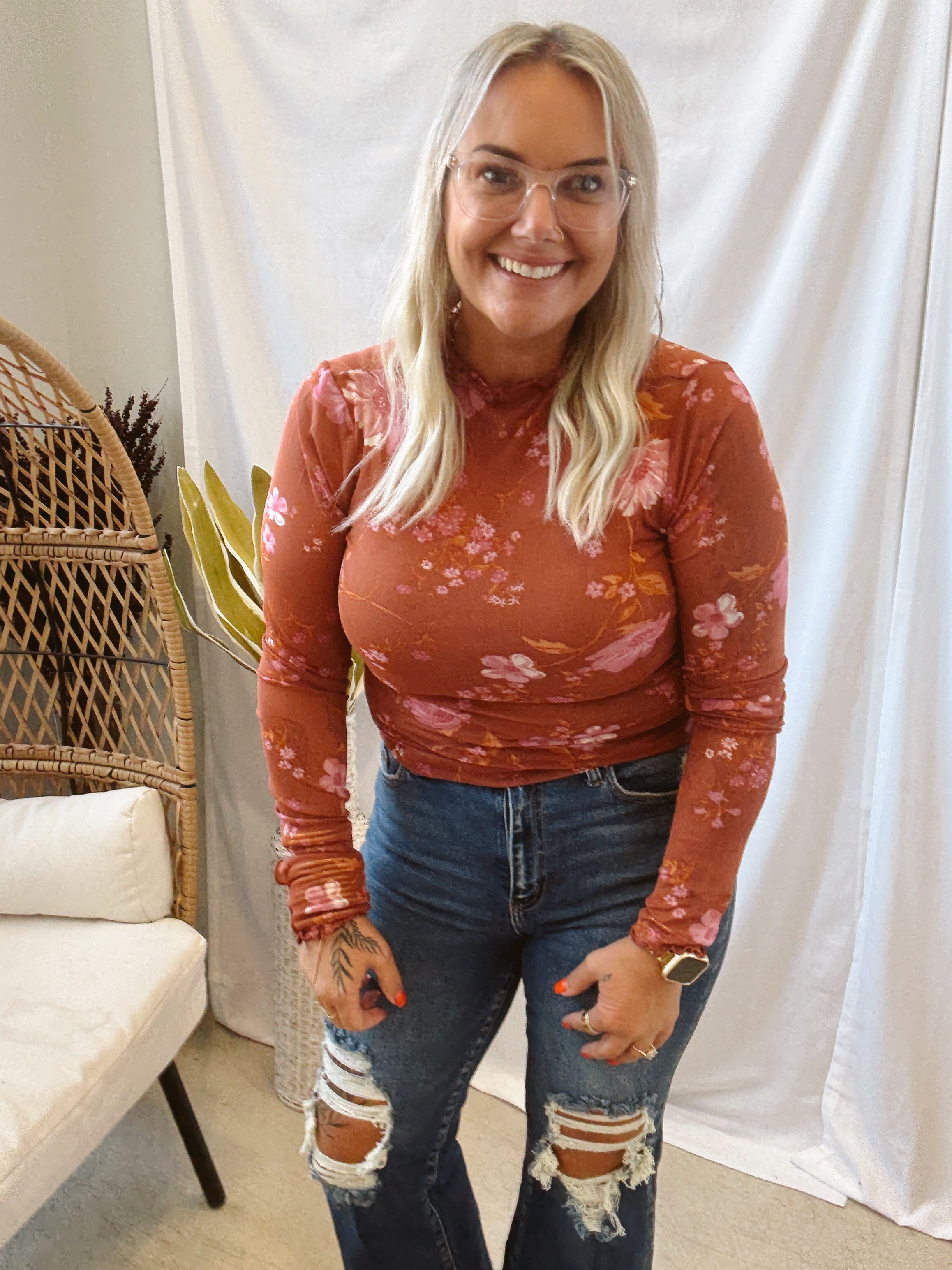 Sienna Print Mesh Long Sleeve Top-Long Sleeve Tops-hem and thread-The Silo Boutique, Women's Fashion Boutique Located in Warren and Grand Forks North Dakota