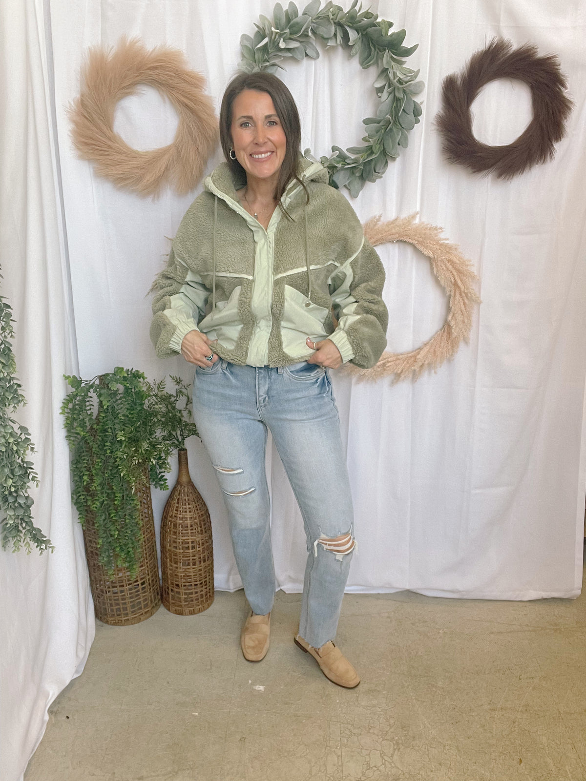 Connie Sherpa Jacket-Sage-Coats & Jackets-hyfve-The Silo Boutique, Women's Fashion Boutique Located in Warren and Grand Forks North Dakota