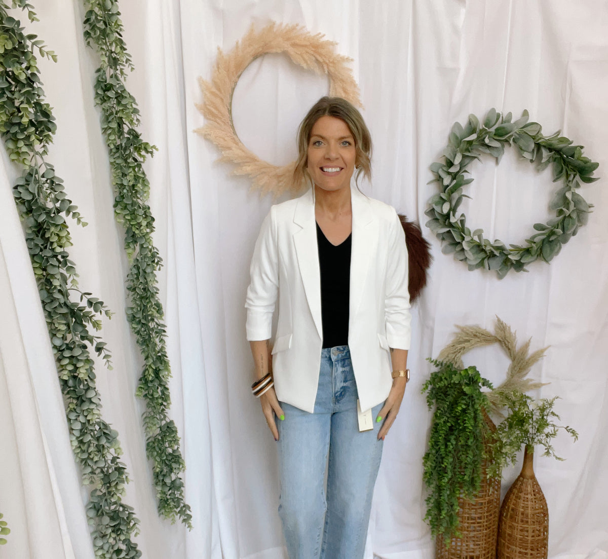 Skies Shirred Sleeve Blazer-White-Blazers-skies are blue-The Silo Boutique, Women's Fashion Boutique Located in Warren and Grand Forks North Dakota